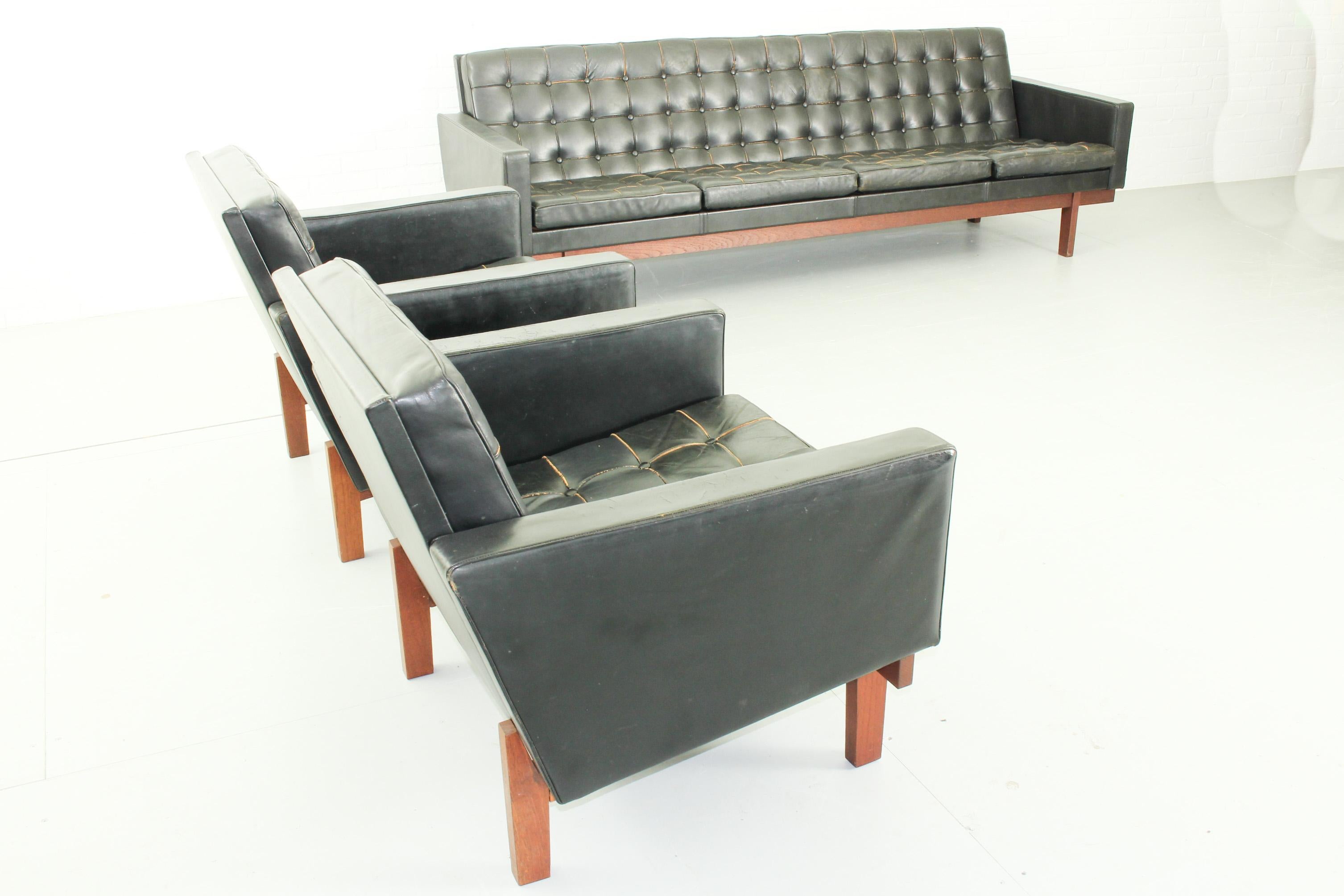 Set of Black Leather 4-Seat Sofa and 2 Lounge Chairs by Karl Erik Ekselius 11