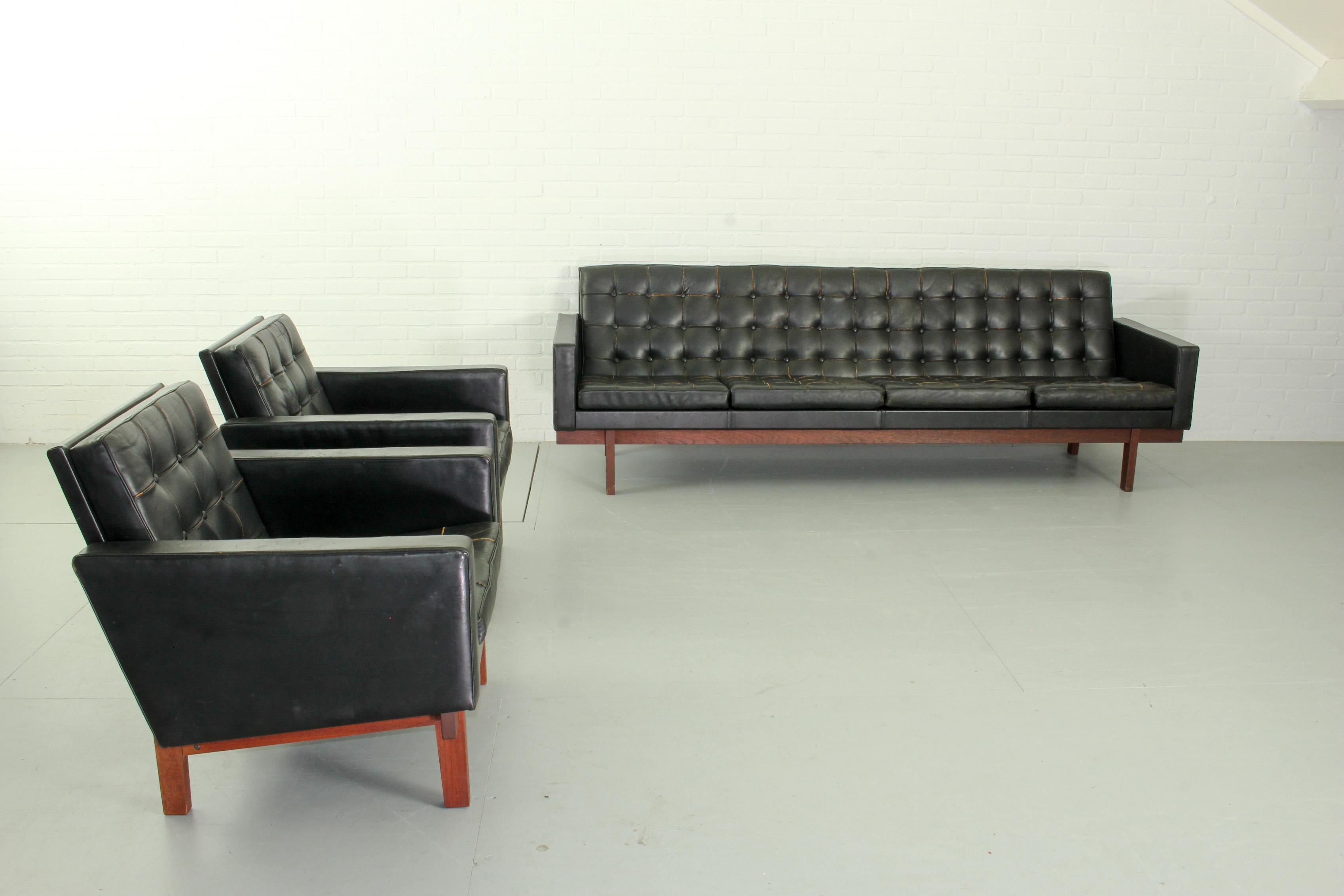 Set of Black Leather 4-Seat Sofa and 2 Lounge Chairs by Karl Erik Ekselius 12