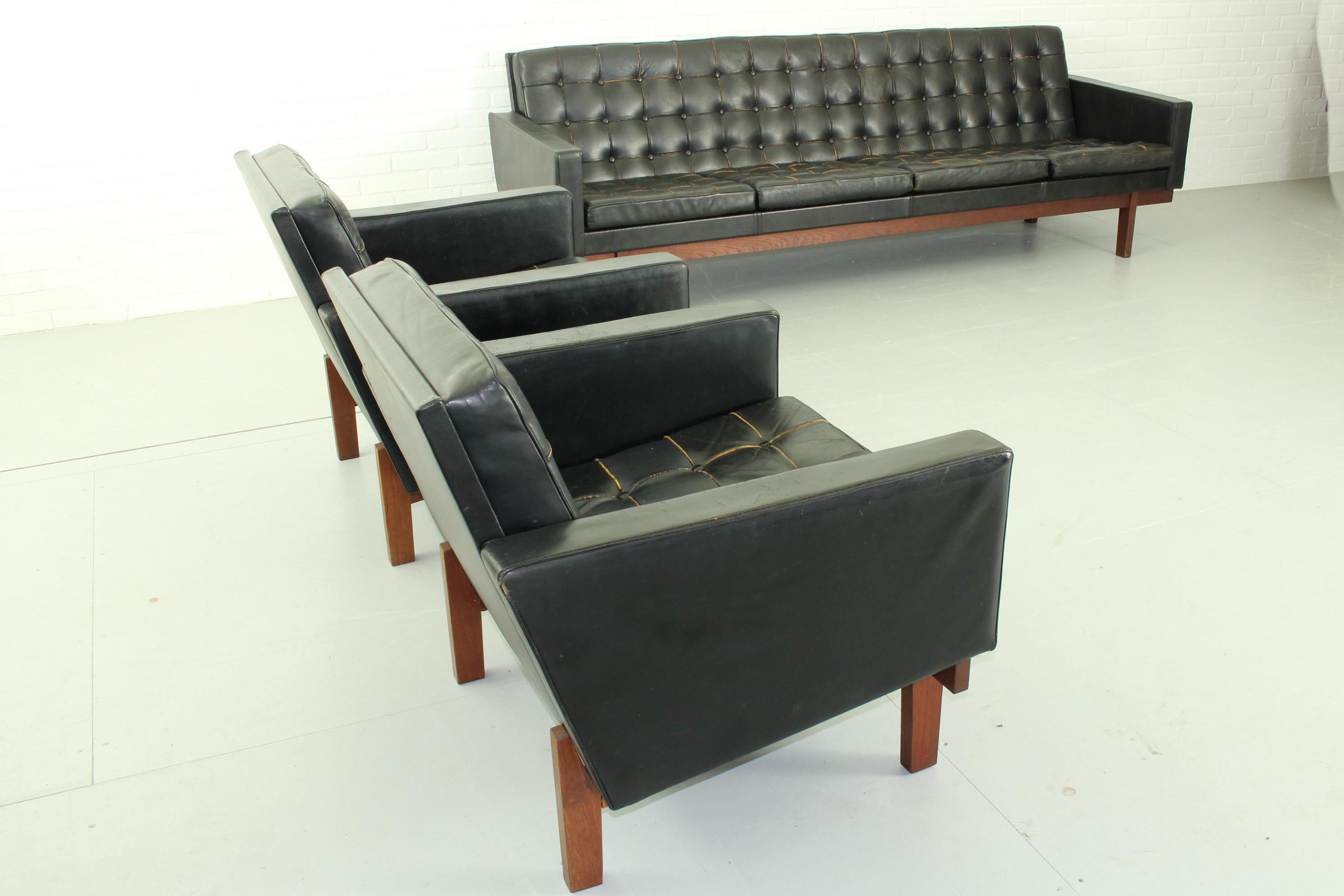 Set of Black Leather 4-Seat Sofa and 2 Lounge Chairs by Karl Erik Ekselius 14