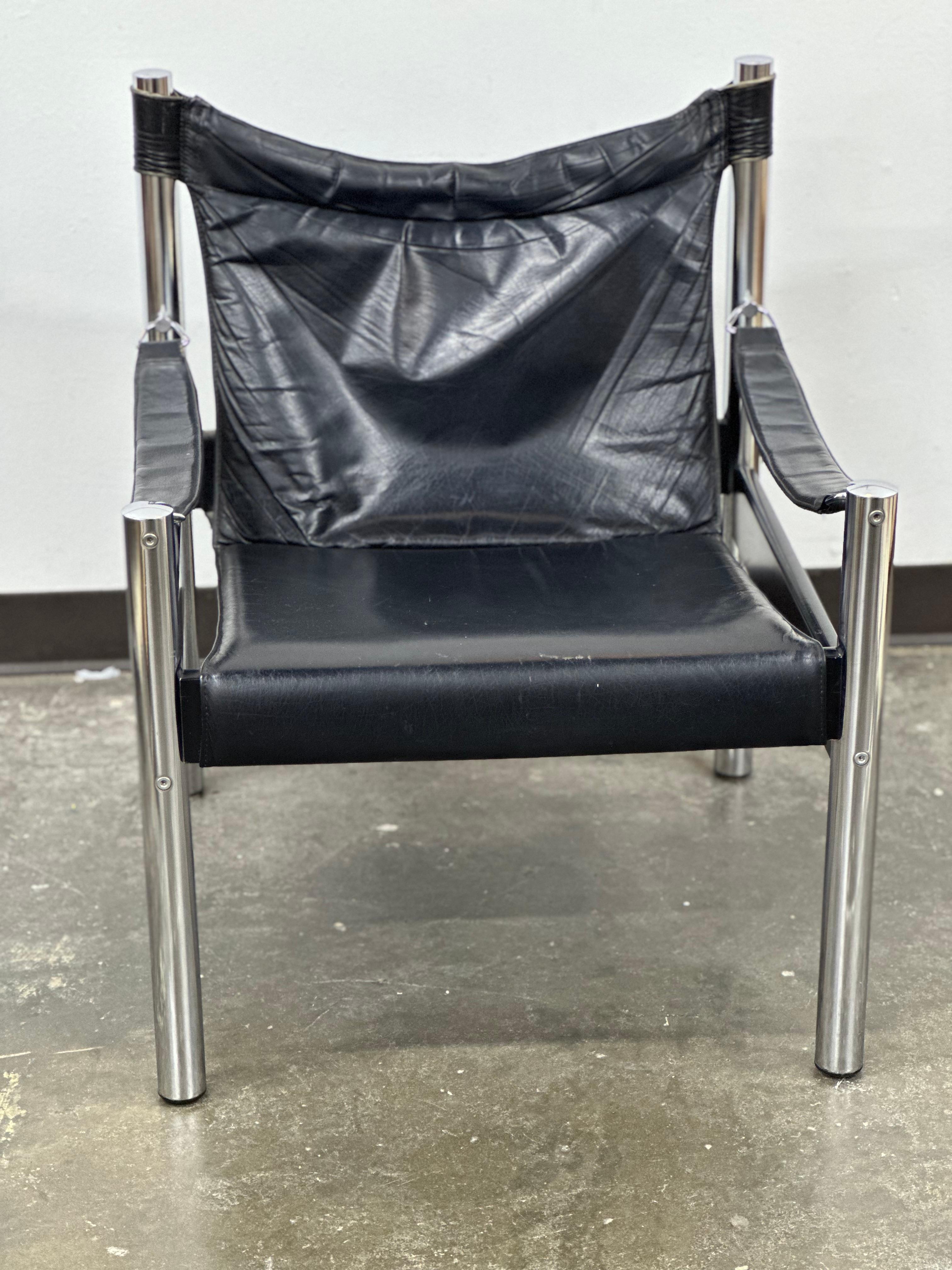 Juego de sillas Safari de cuero negro y cromo de Johanson Designs finales del siglo XX en venta