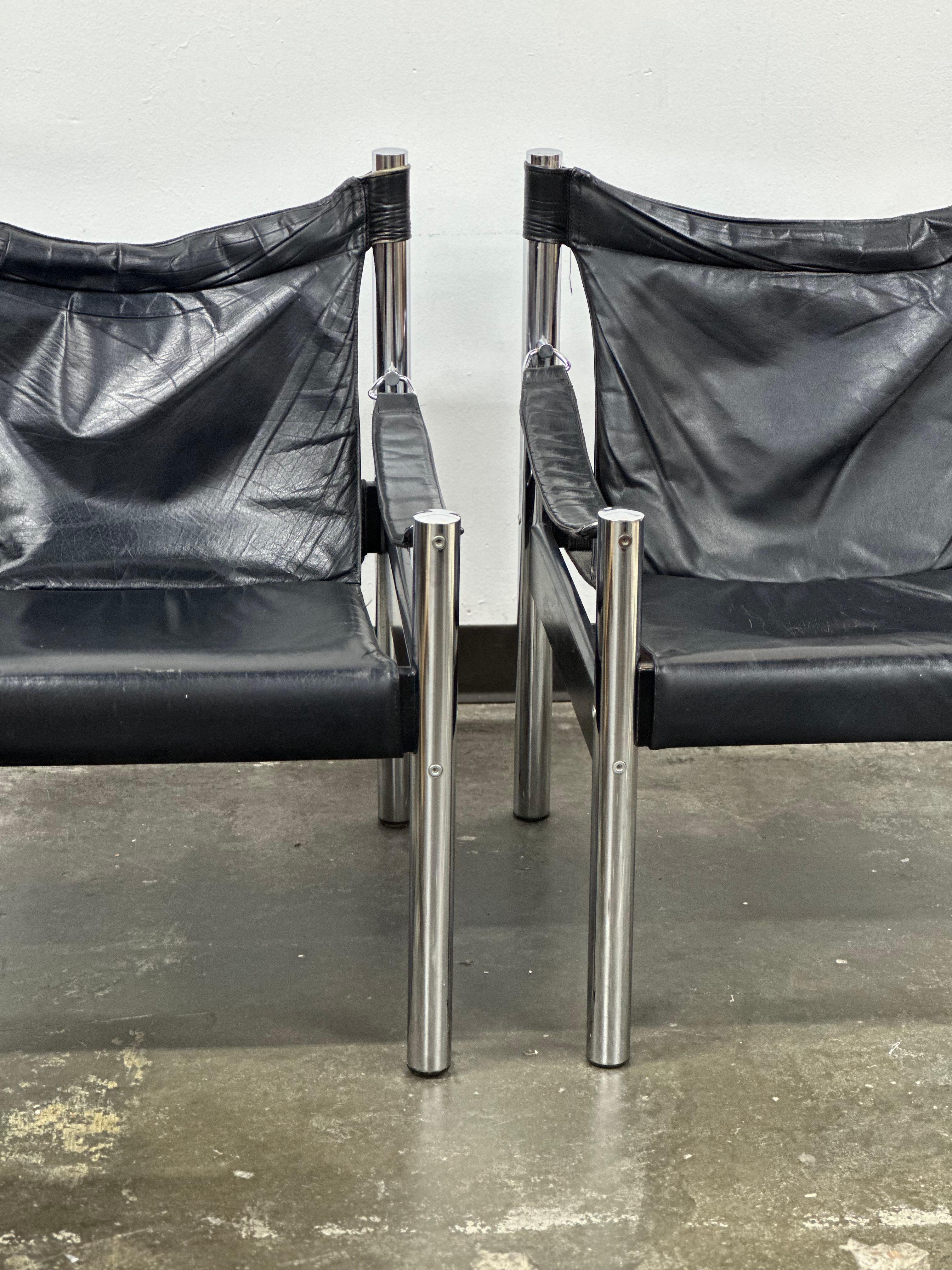 set of Black Leather, Chrome Safari Chairs by Johanson Designs For Sale