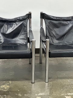 set of Black Leather, Chrome Safari Chairs by Johanson Designs