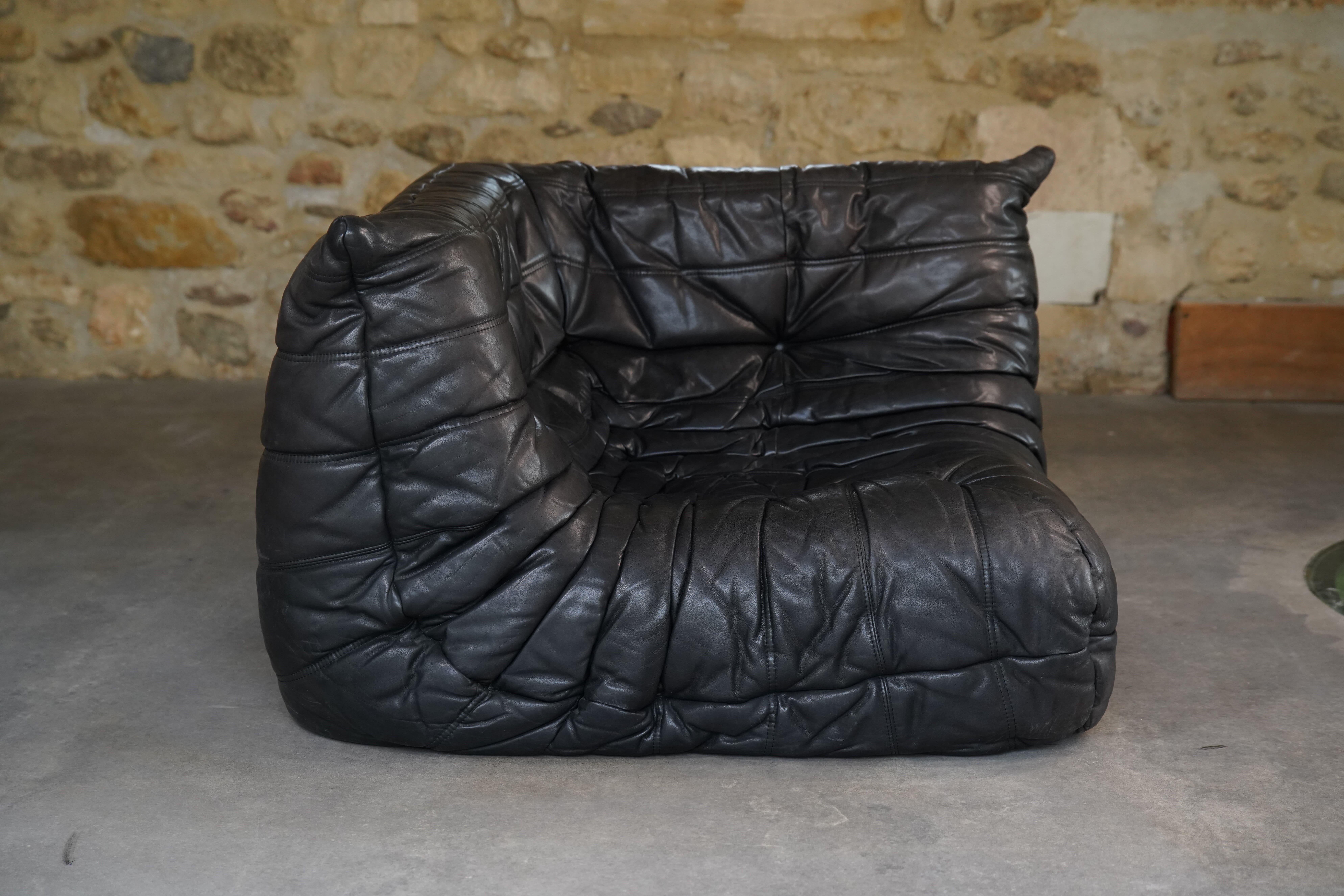 Black Leather Togo Set by Michel Ducaroy for Ligne Roset, 1986 For Sale 4