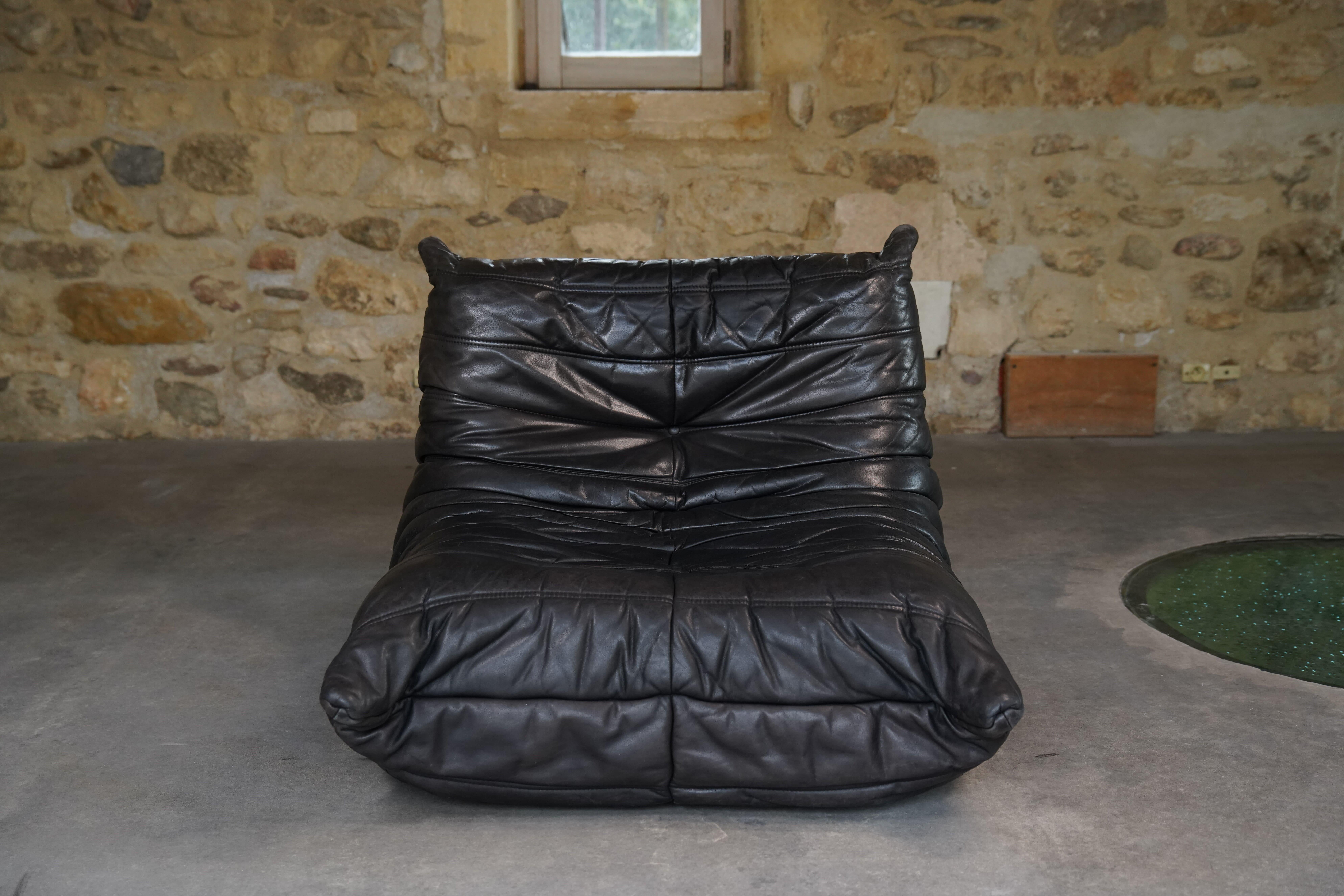 Black Leather Togo Set by Michel Ducaroy for Ligne Roset, 1986 For Sale 6