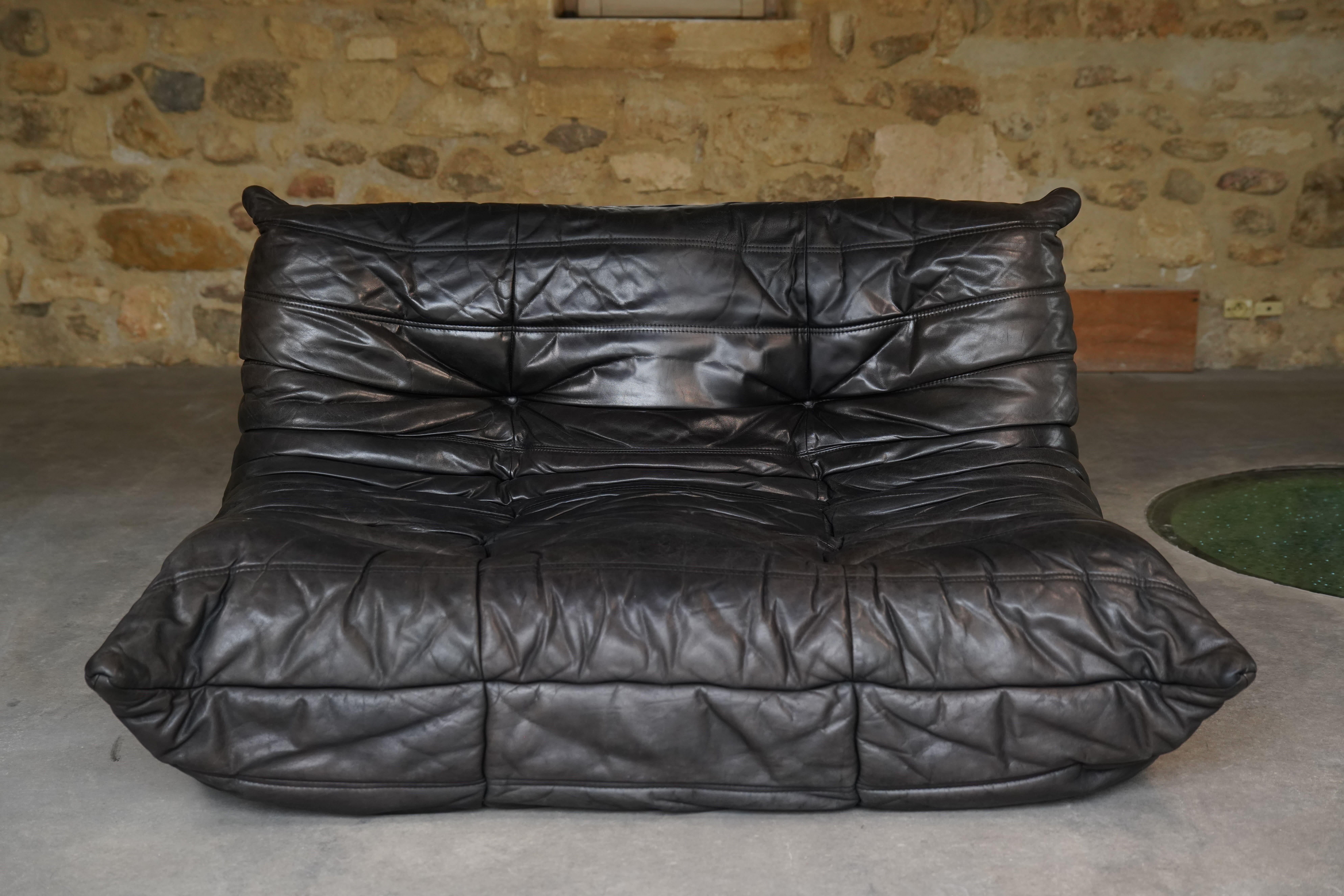 Black Leather Togo Set by Michel Ducaroy for Ligne Roset, 1986 For Sale 10