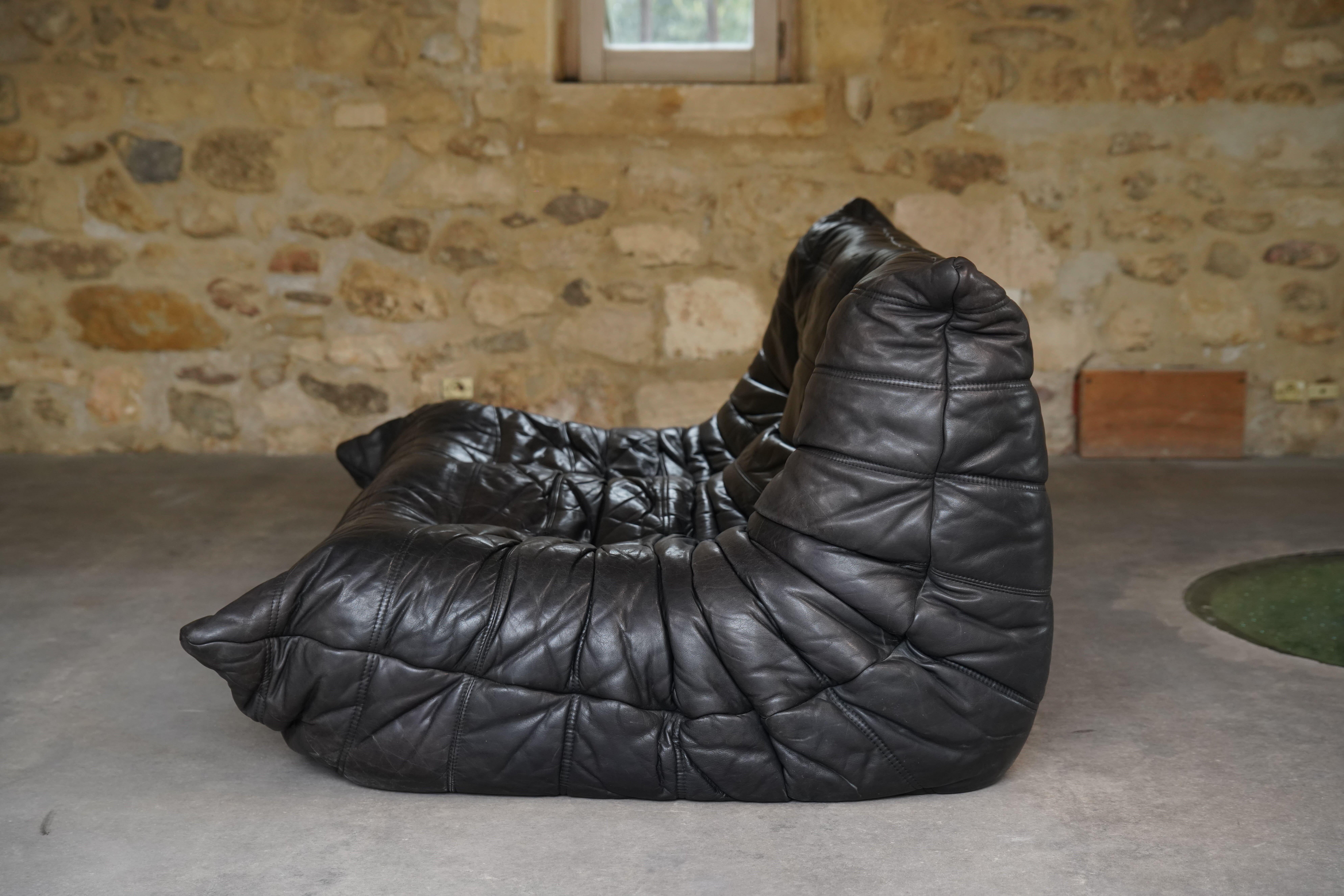Black Leather Togo Set by Michel Ducaroy for Ligne Roset, 1986 For Sale 11