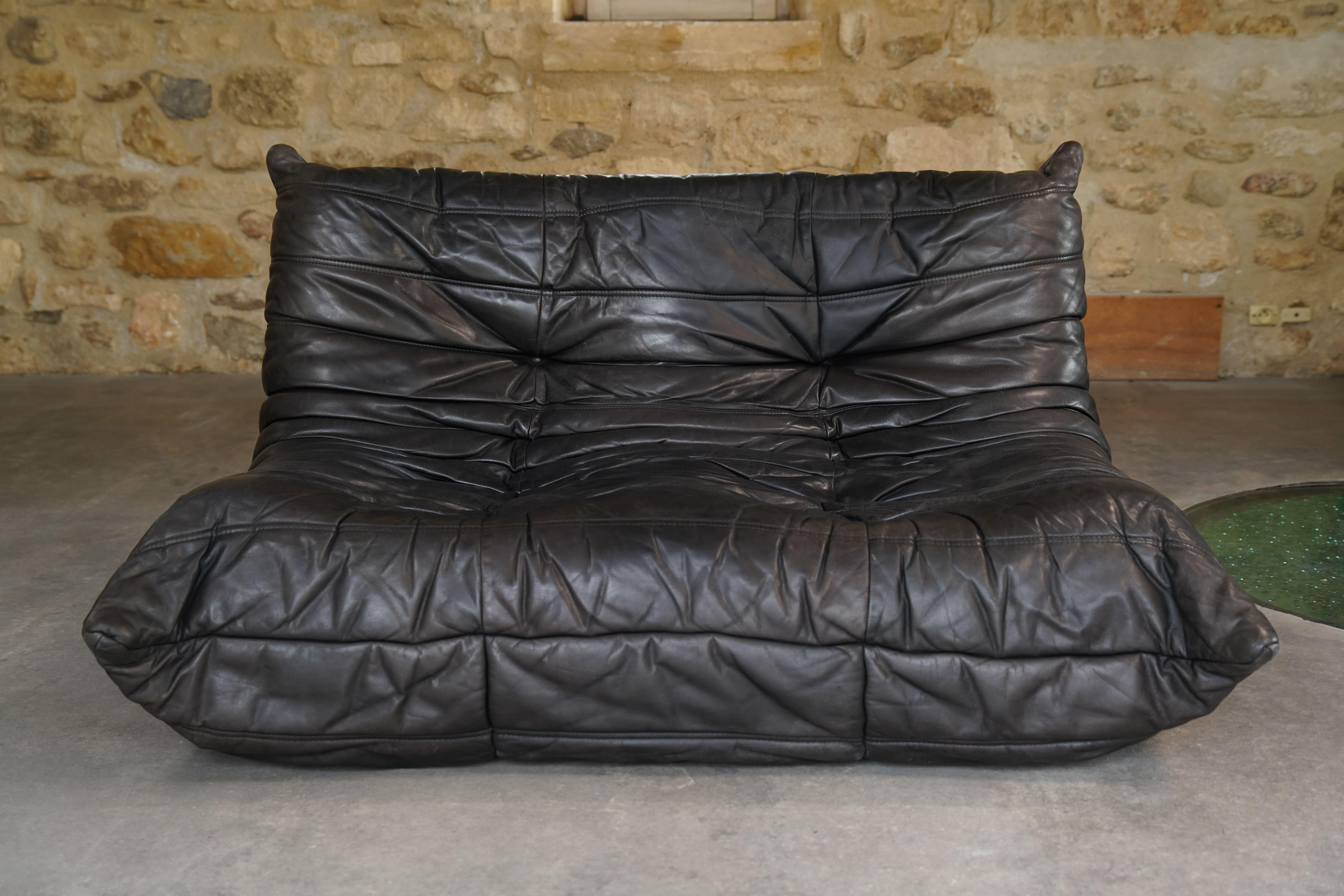Mid-Century Modern Black Leather Togo Set by Michel Ducaroy for Ligne Roset, 1986 For Sale