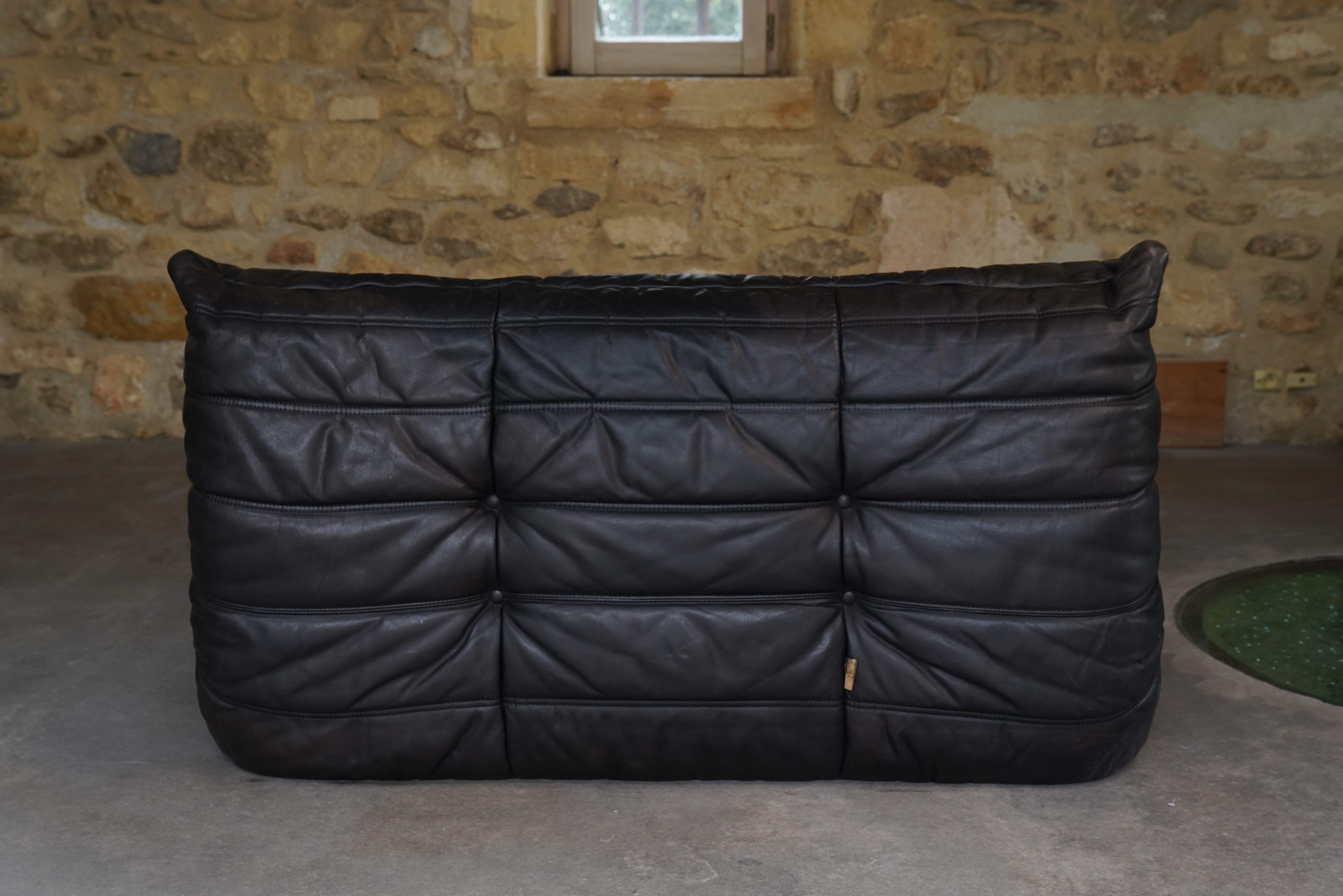 Black Leather Togo Set by Michel Ducaroy for Ligne Roset, 1986 In Good Condition For Sale In Malibu, US