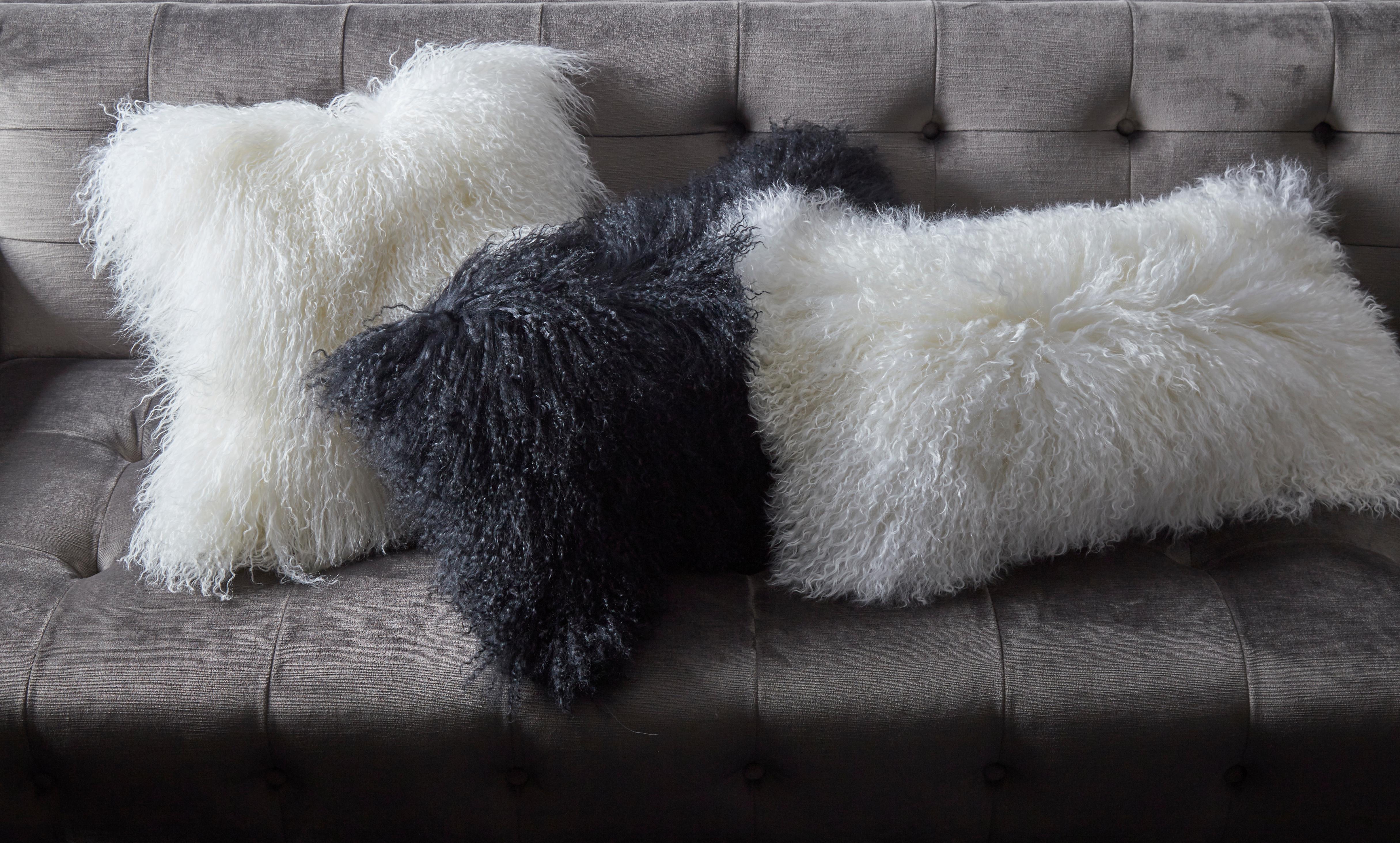 Bohemian Set of Black Mongolian Lamb Hair Lumbar Pillows