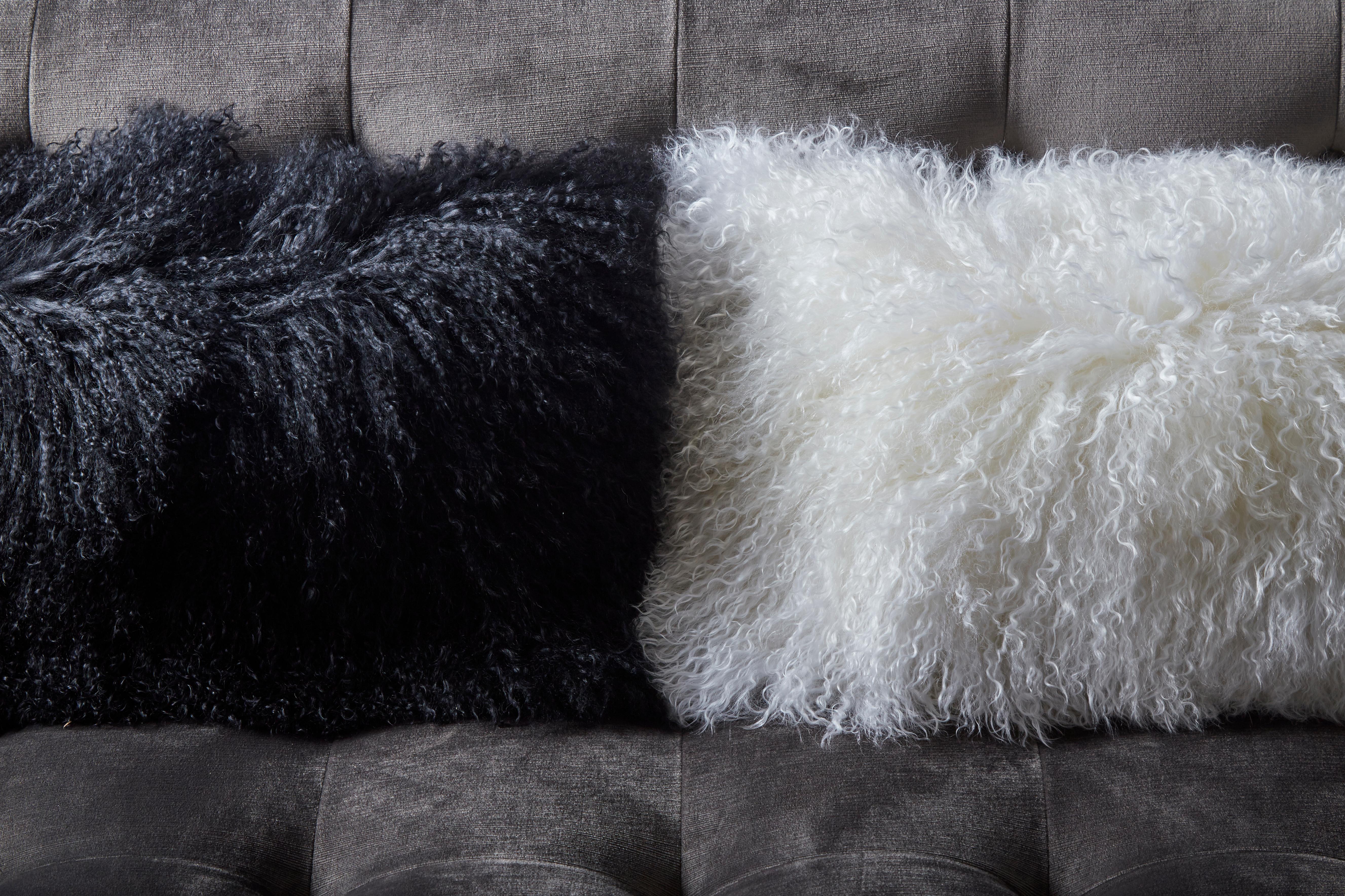 American Set of Black Mongolian Lamb Hair Lumbar Pillows
