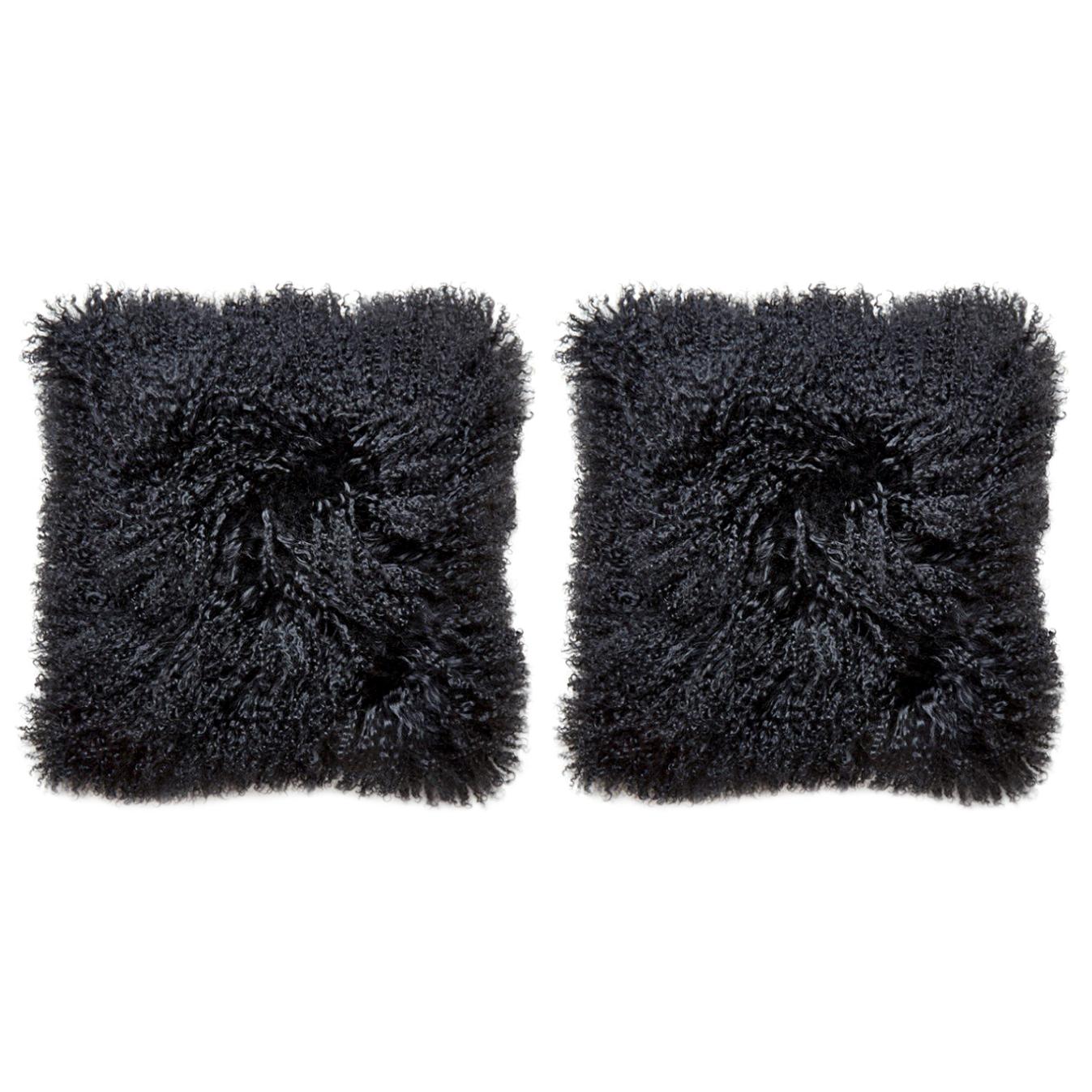 Set of Black Mongolian Lamb Hair Throw Pillows