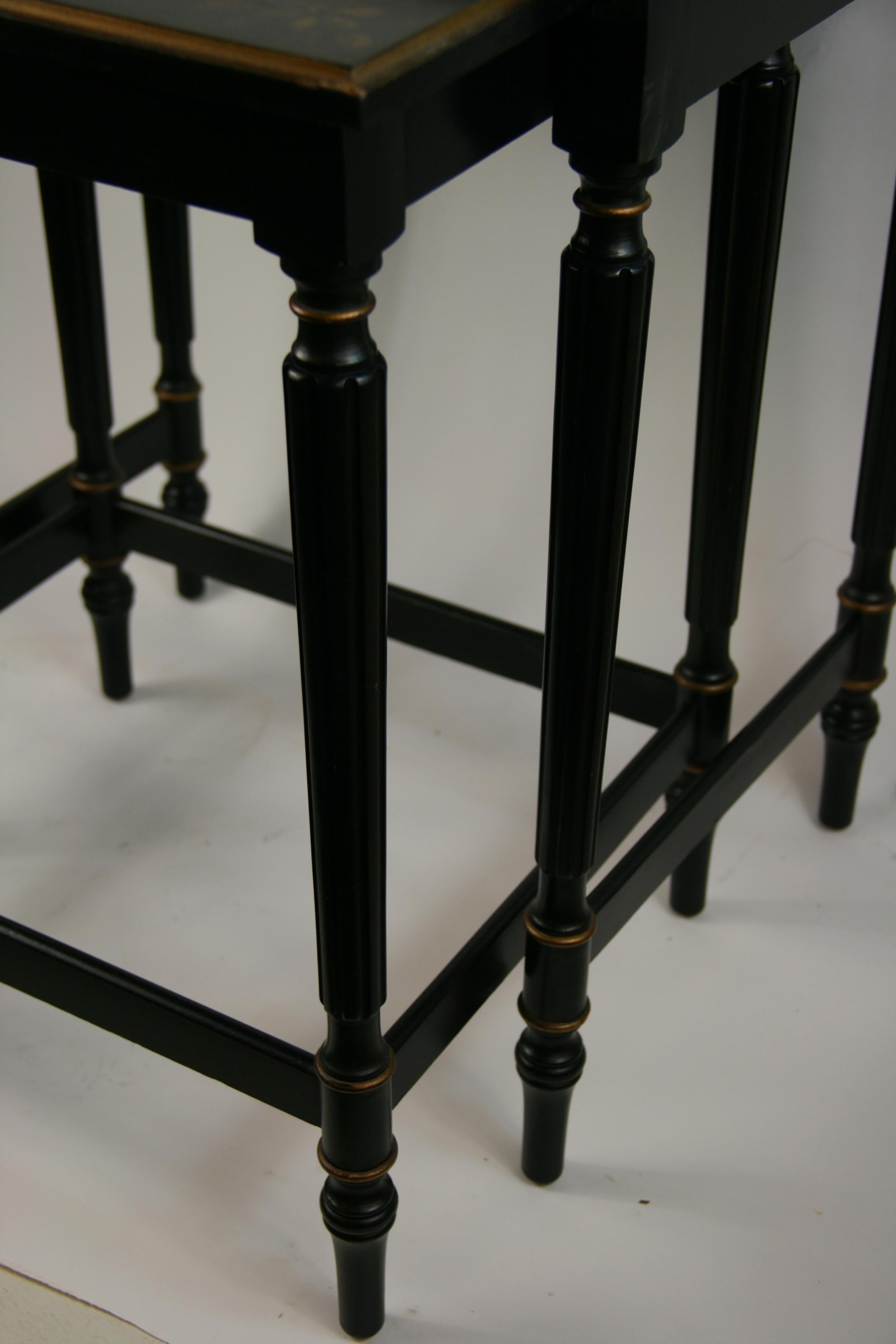Set of Black Nesting Tables with Gilt Floral Design by Imperial Furniture In Good Condition For Sale In Douglas Manor, NY