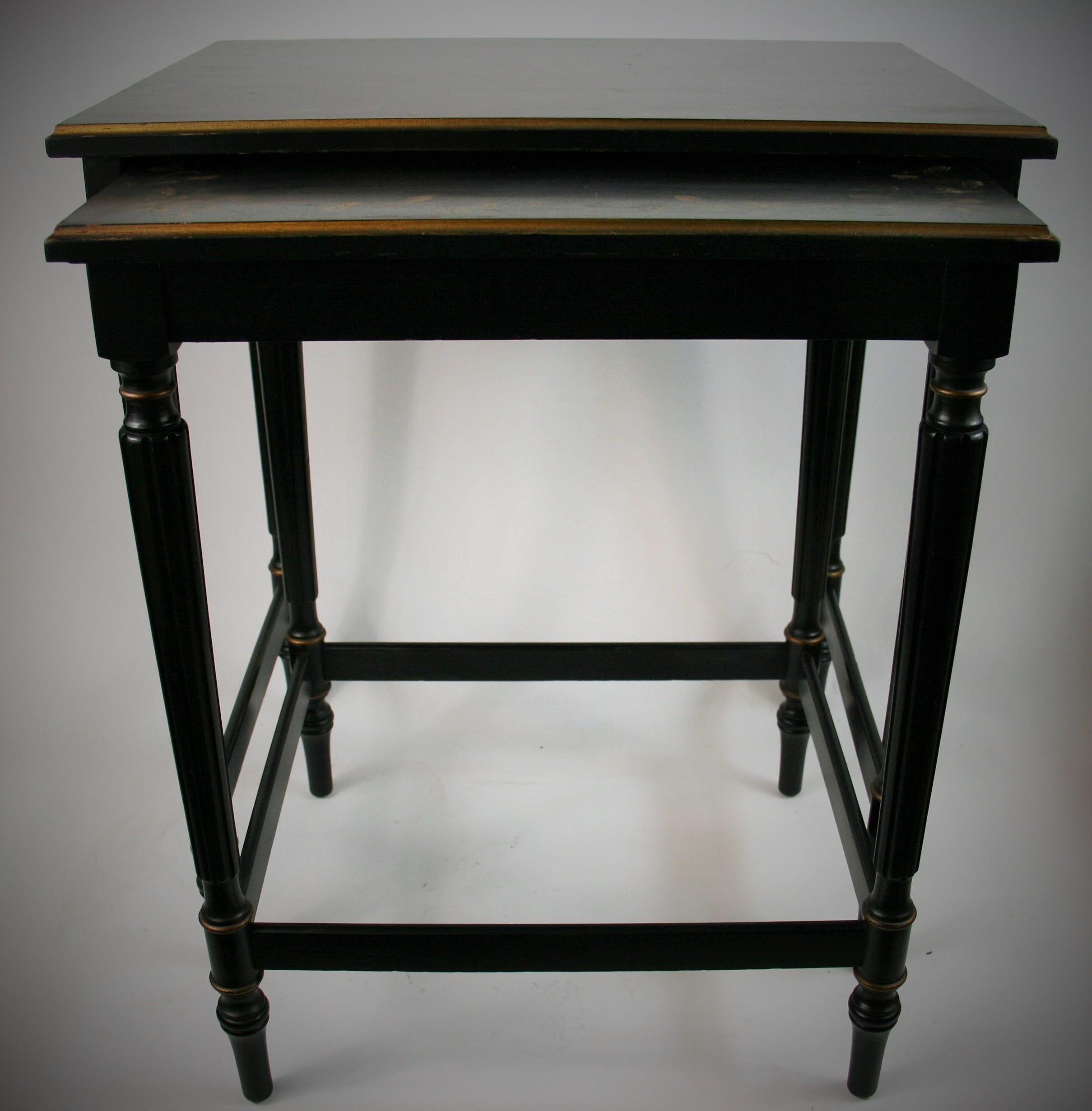 Hardwood Set of Black Nesting Tables with Gilt Floral Design by Imperial Furniture For Sale