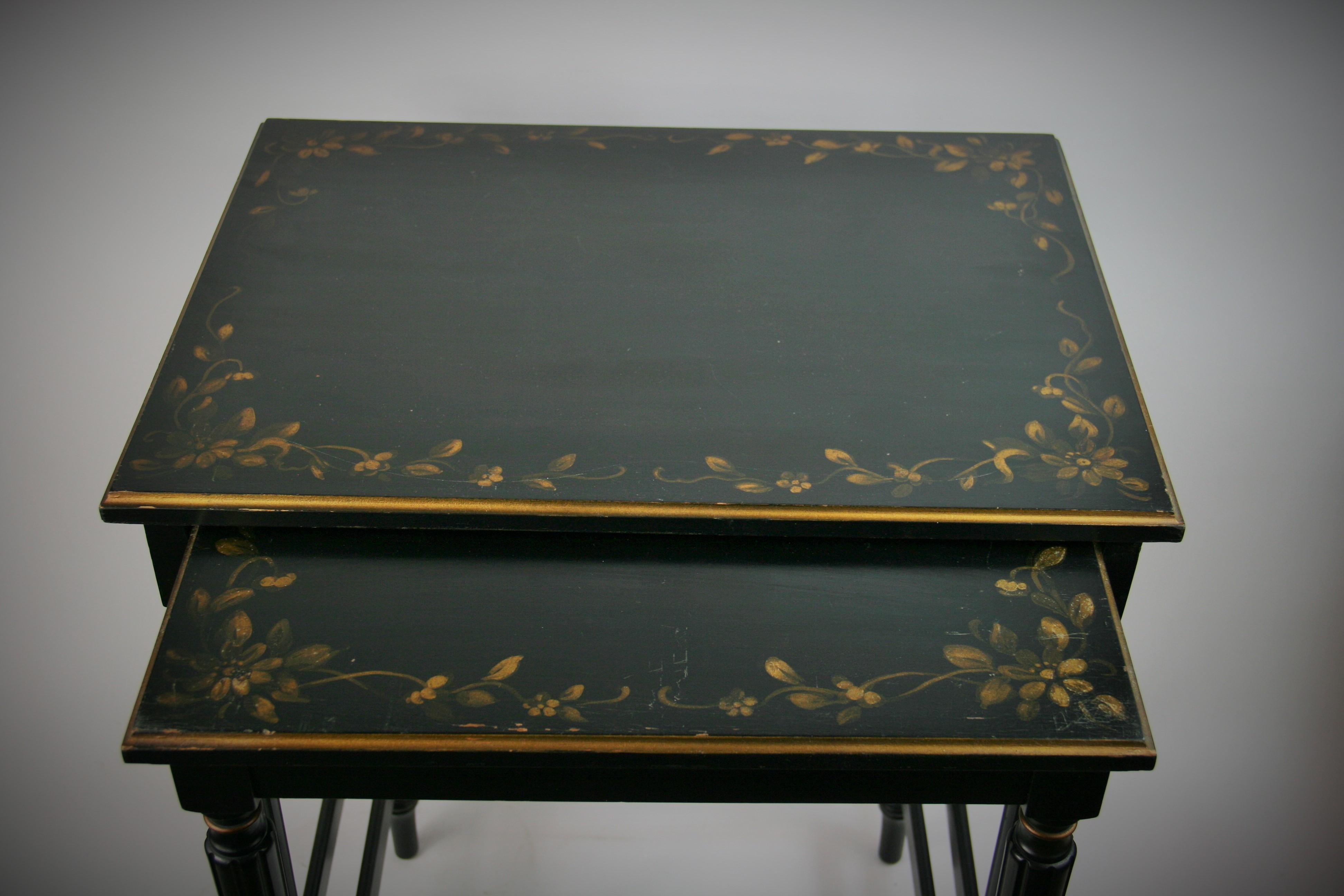 Set of Black Nesting Tables with Gilt Floral Design by Imperial Furniture For Sale 1