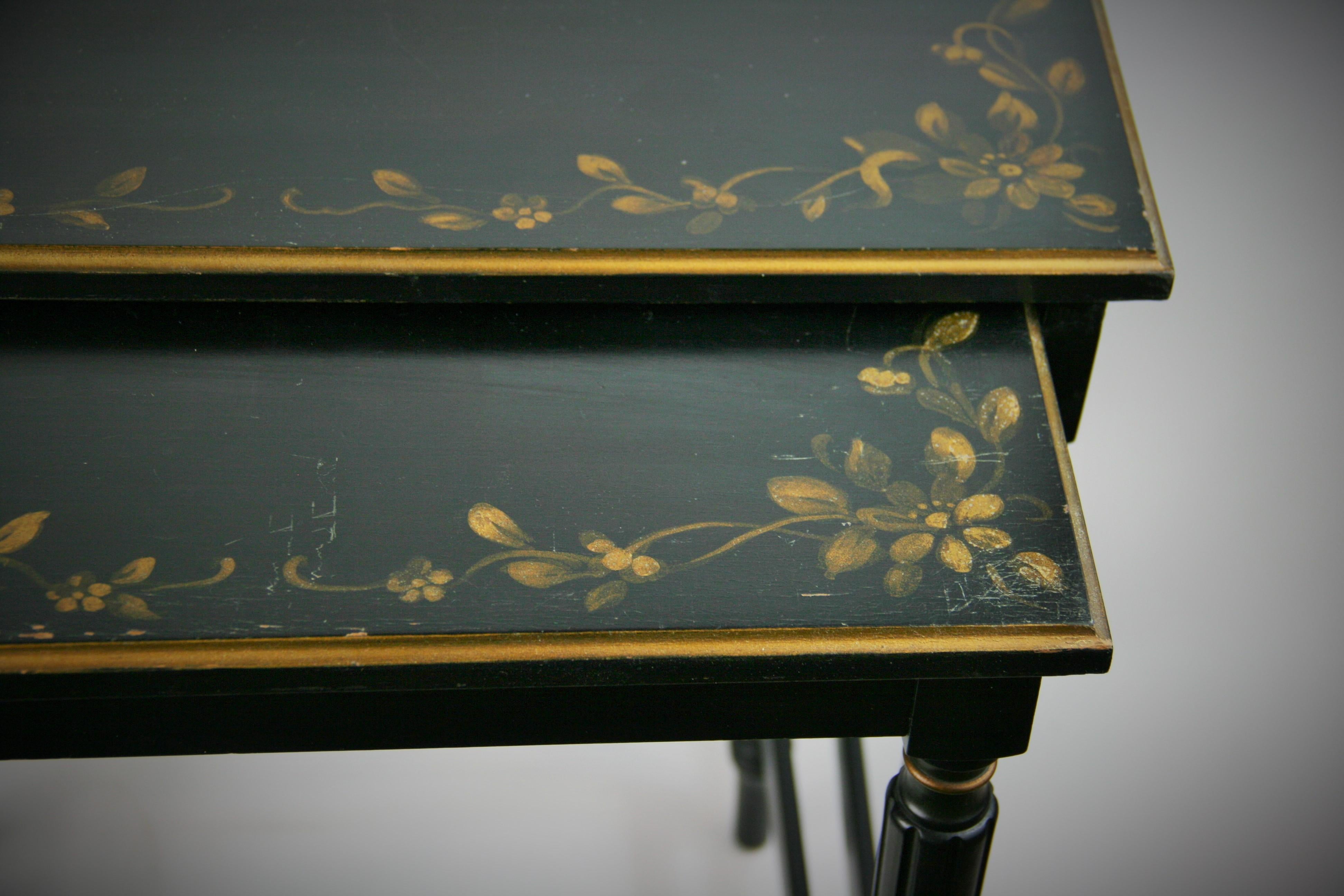 Set of Black Nesting Tables with Gilt Floral Design by Imperial Furniture For Sale 2