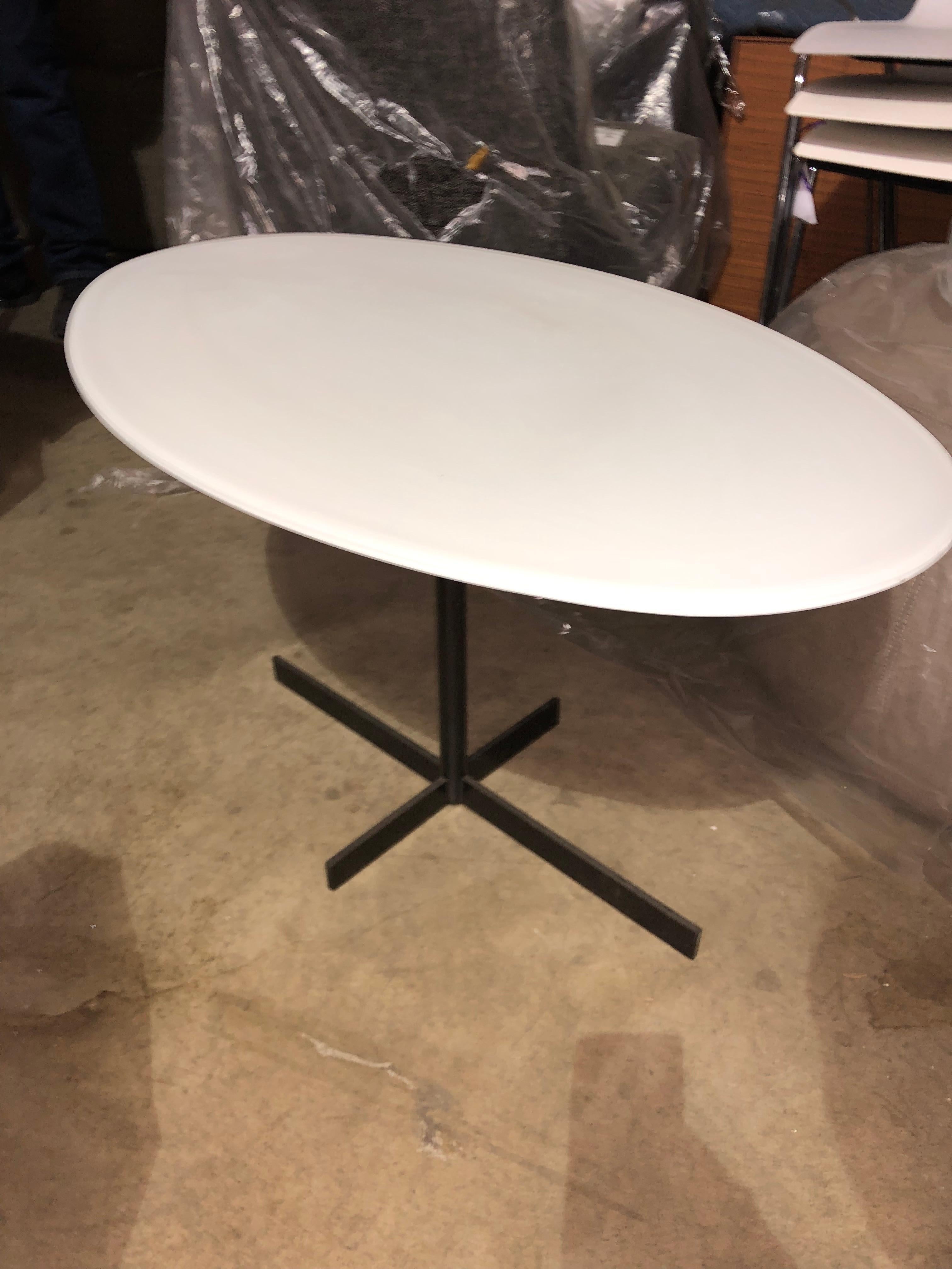 Set of two little black and white oval tables.