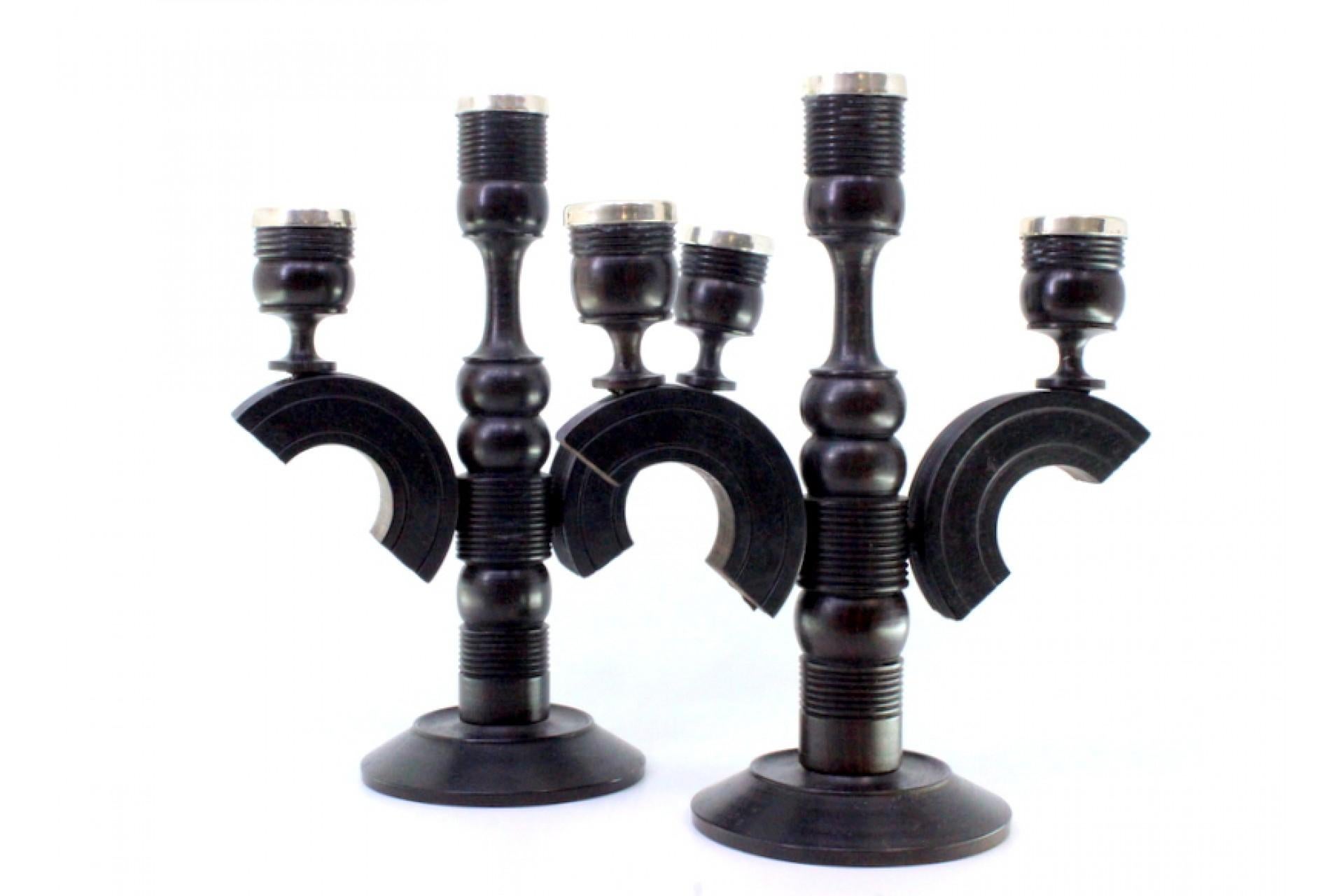 European Set of black wood candelabras with silver applications on the shafts For Sale