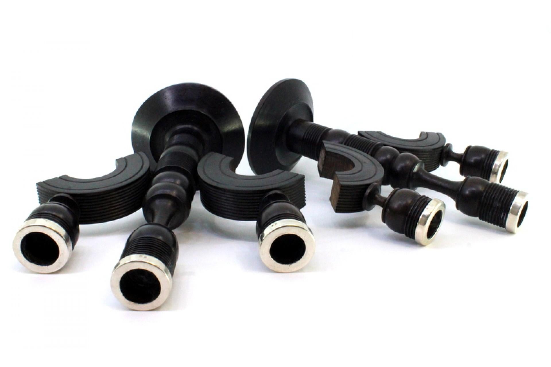 Set of black wood candelabras with silver applications on the shafts In Good Condition For Sale In Porto, PT