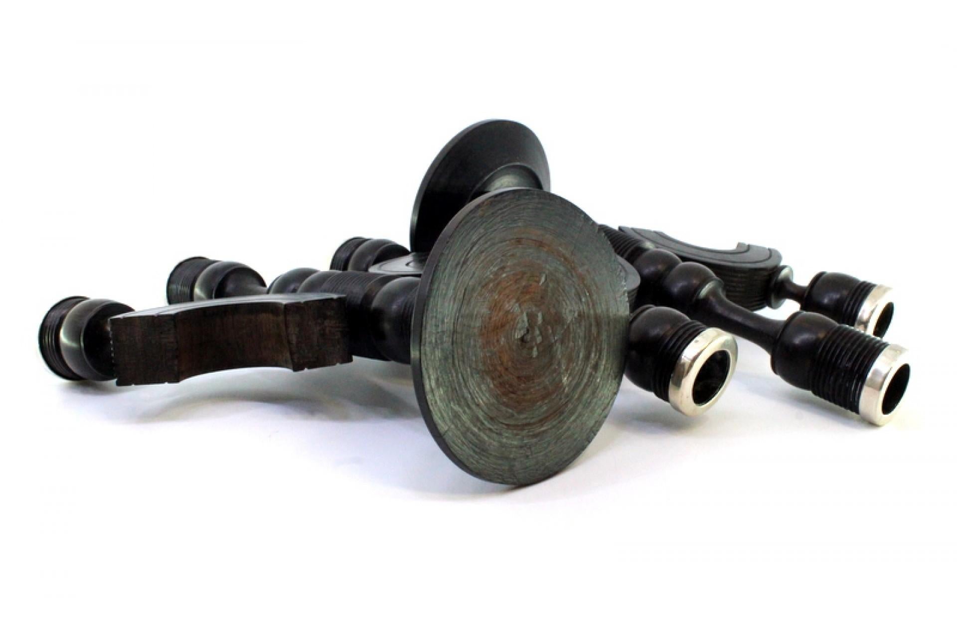 Silver Set of black wood candelabras with silver applications on the shafts For Sale