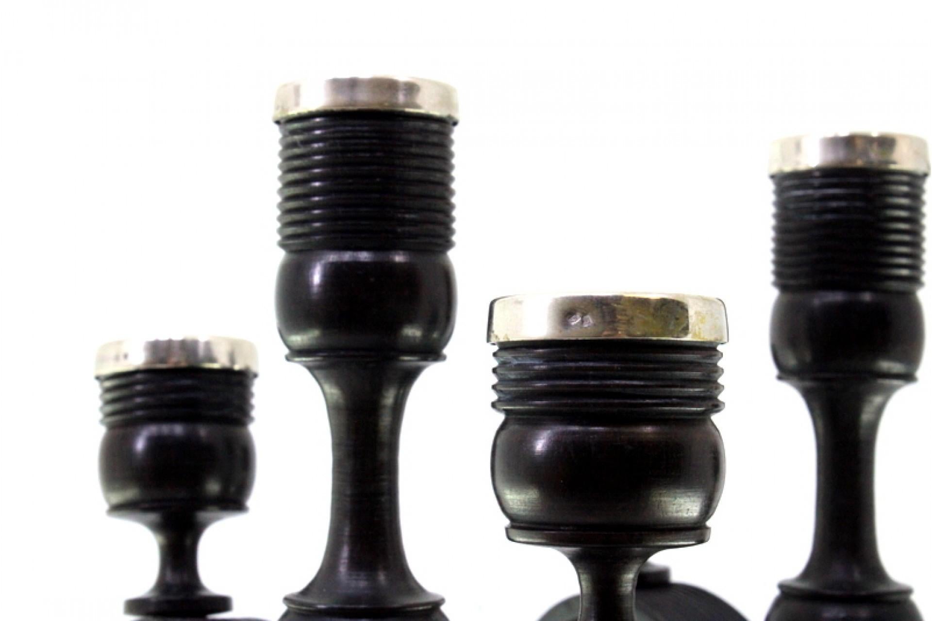 Set of black wood candelabras with silver applications on the shafts For Sale 1