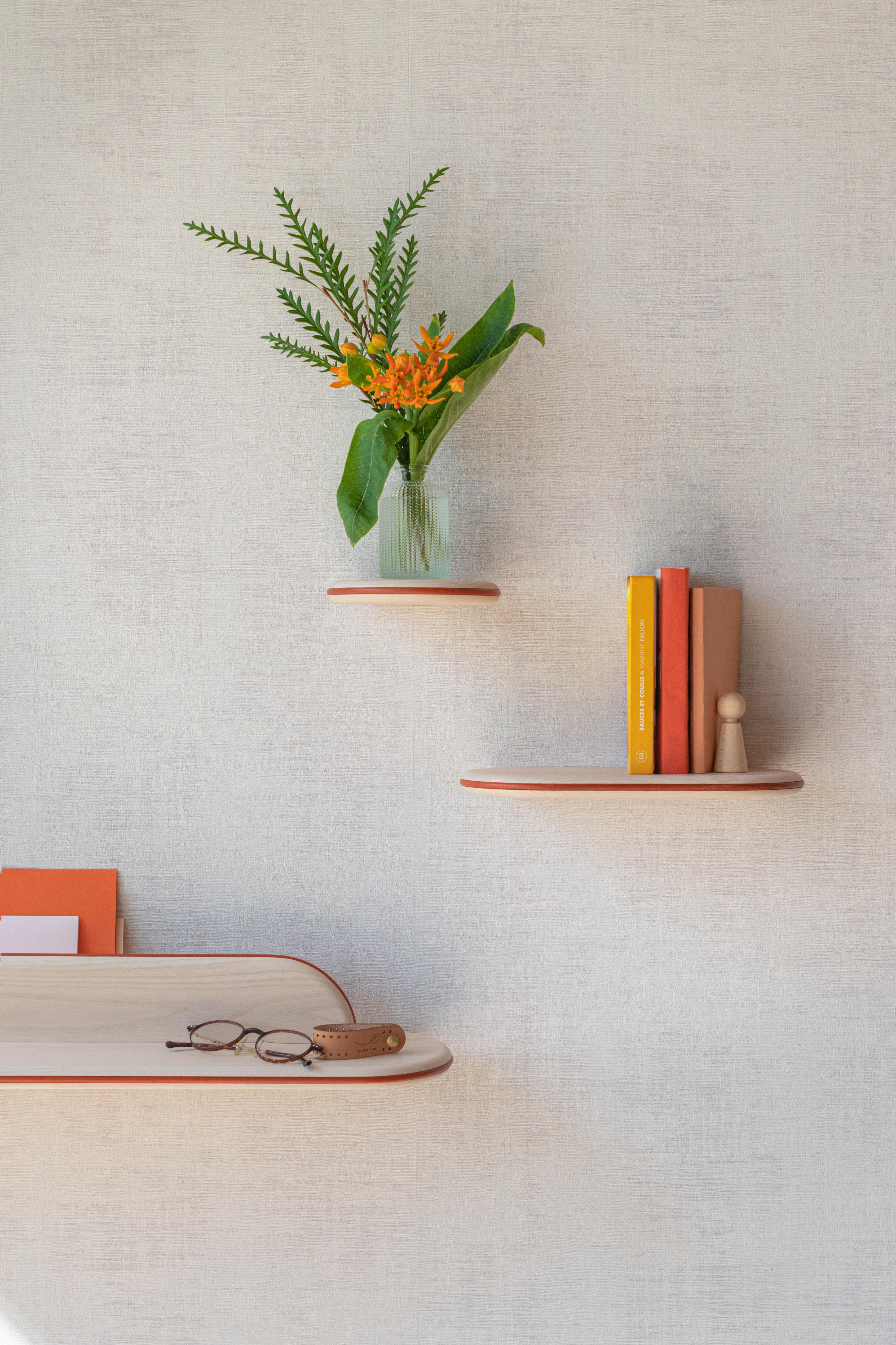 Set of Bleached Ash and Orange Leather WALY Shelves by Mademoiselle Jo For Sale 4