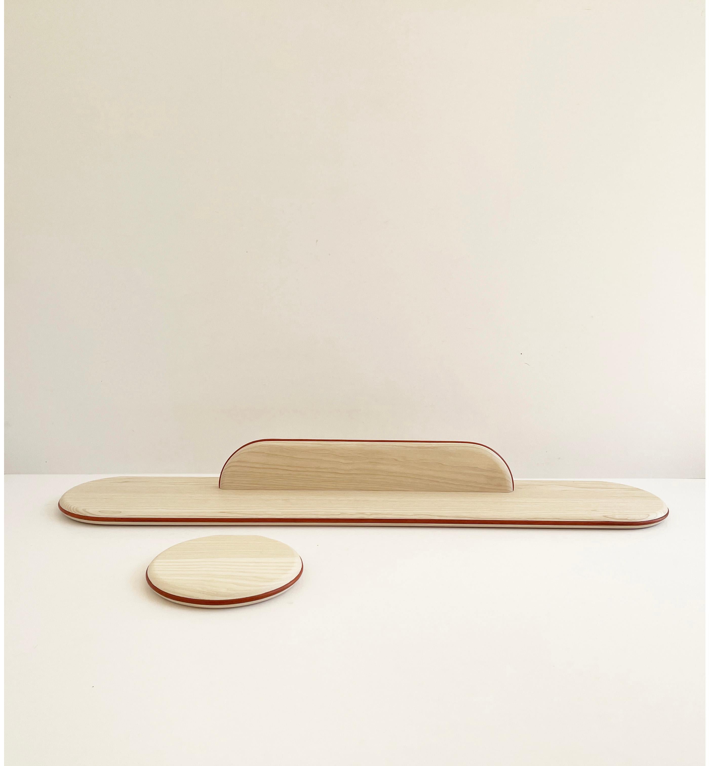 Set of Bleached Ash and Orange Leather WALY Shelves by Mademoiselle Jo
Dimensions: Vertical: D 7.5 x W 45 x H 2 cm.
Small: D 17 x W 18 x H 2 cm.
Large: D 17 x W 90 x H 2 cm.
Materials: Bleached ash and orange leather.

Available in two wood colors.