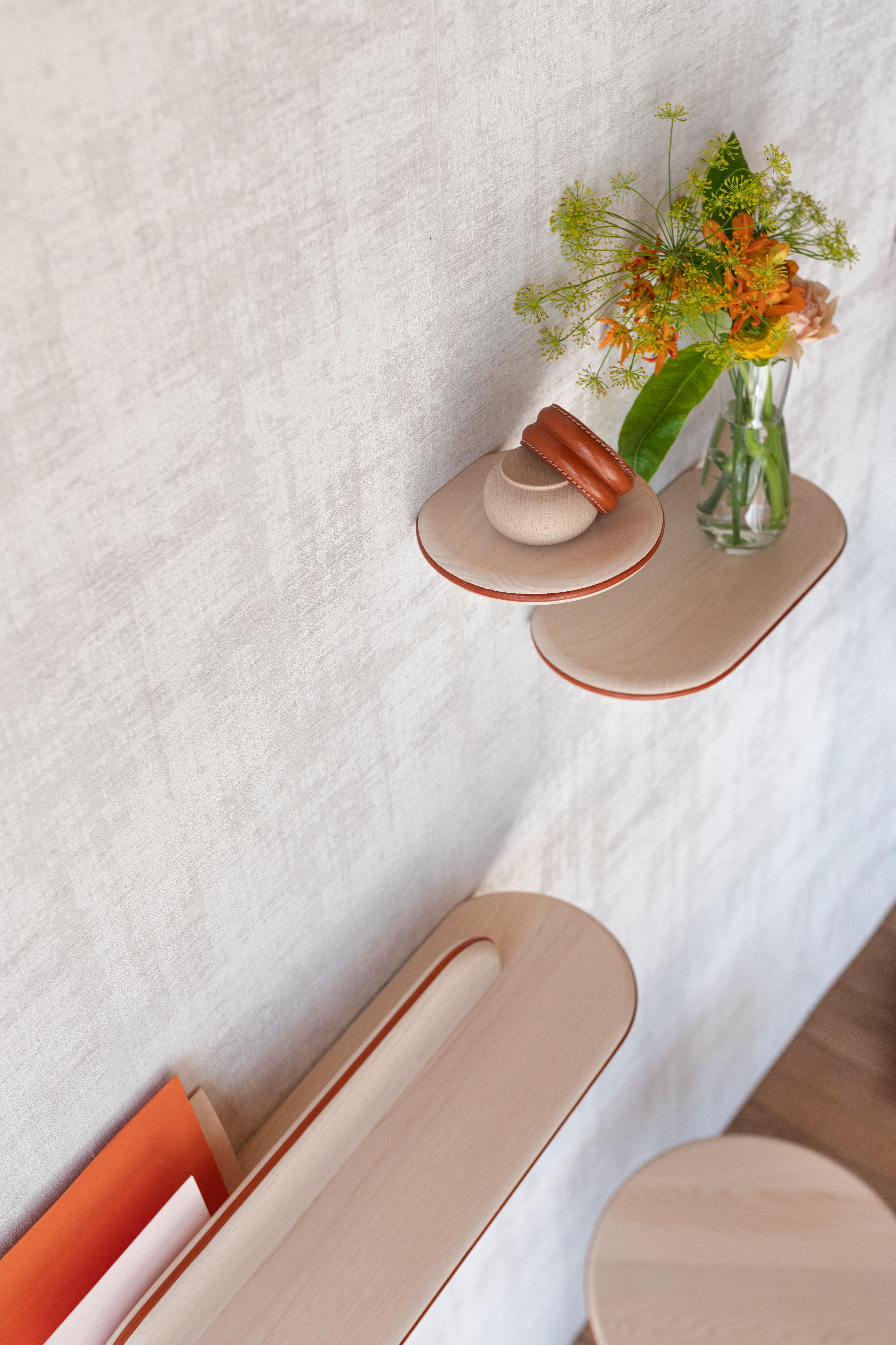 Contemporary Set of Bleached Ash and Orange Leather WALY Shelves by Mademoiselle Jo For Sale