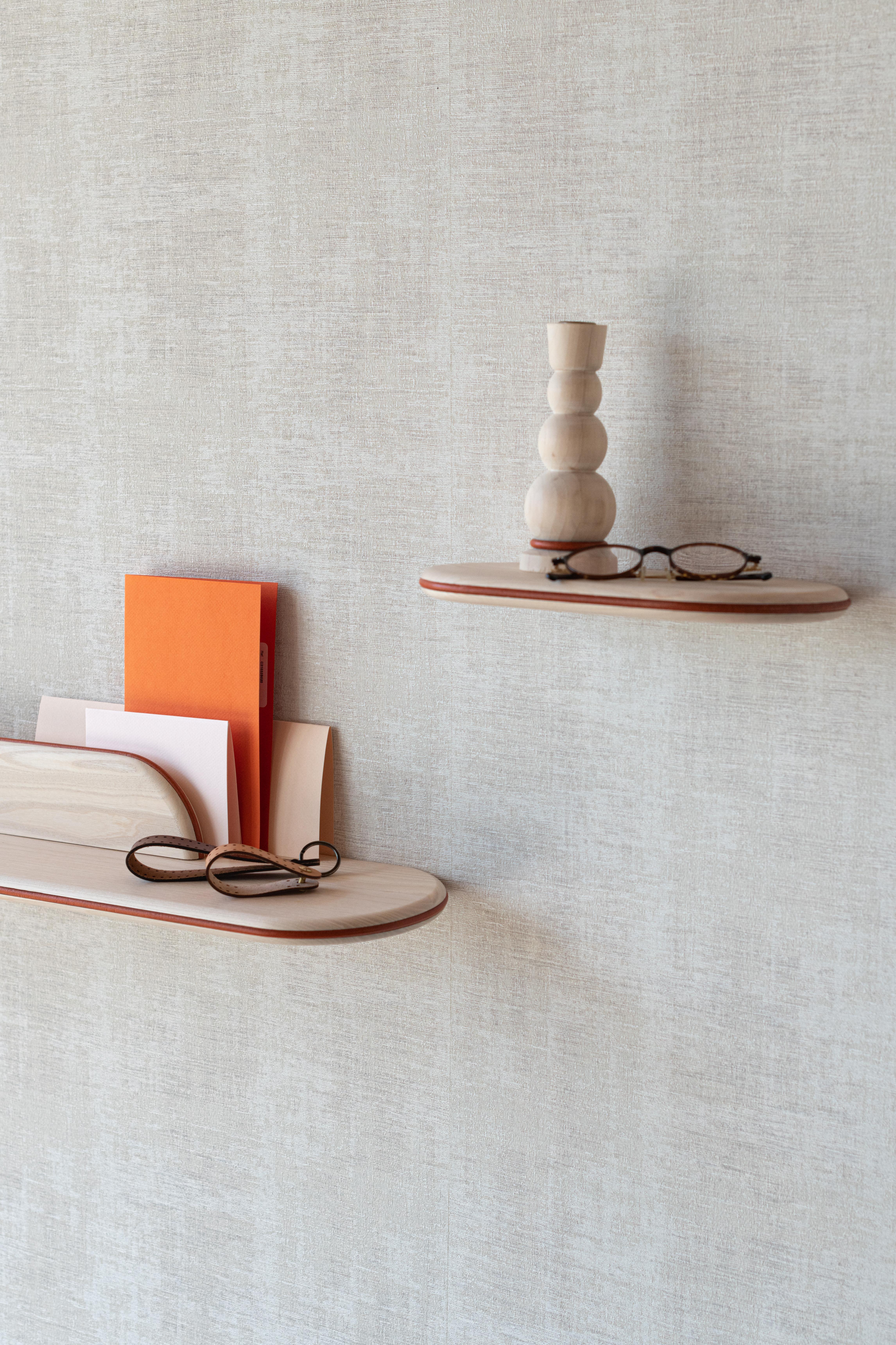 Set of Bleached Ash and Orange Leather WALY Shelves by Mademoiselle Jo For Sale 2