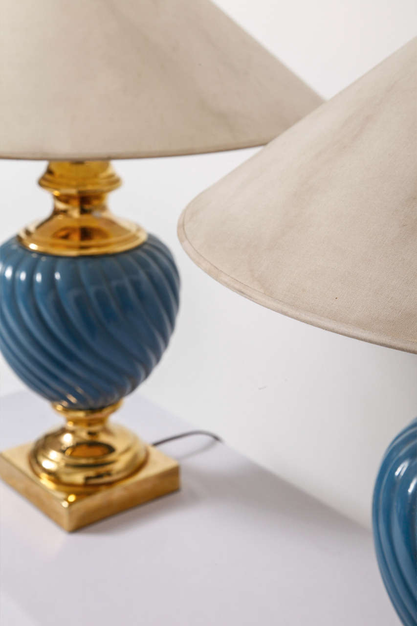 Set of Blue and Gold Ceramic Table Lamps, Hollywood Regency, 1970s 1