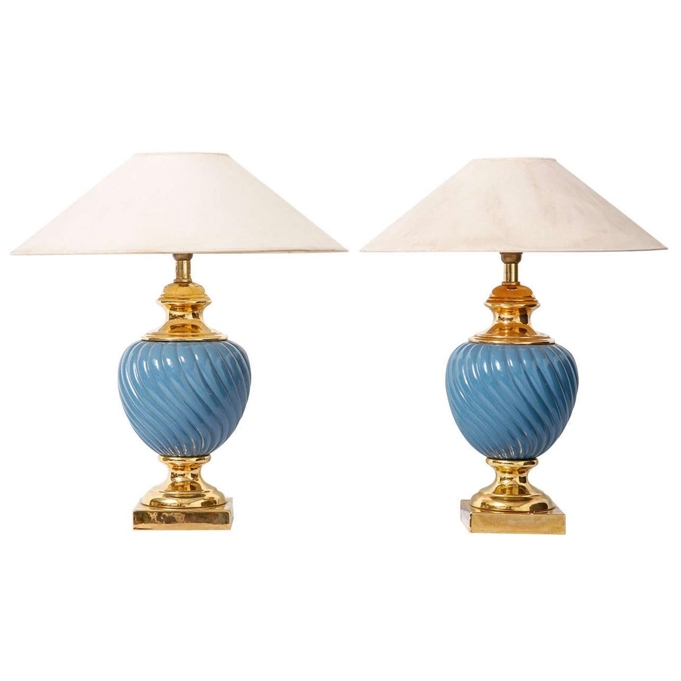 Set of Blue and Gold Ceramic Table Lamps, Hollywood Regency, 1970s