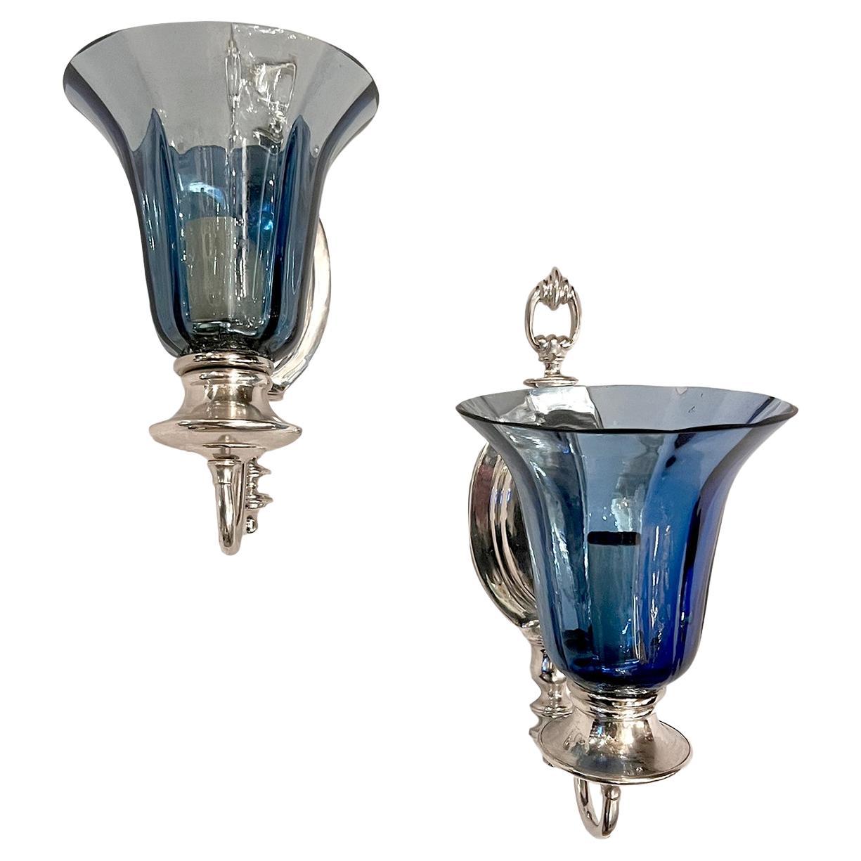 Set of Blue Glass Sconces, Sold per pair.