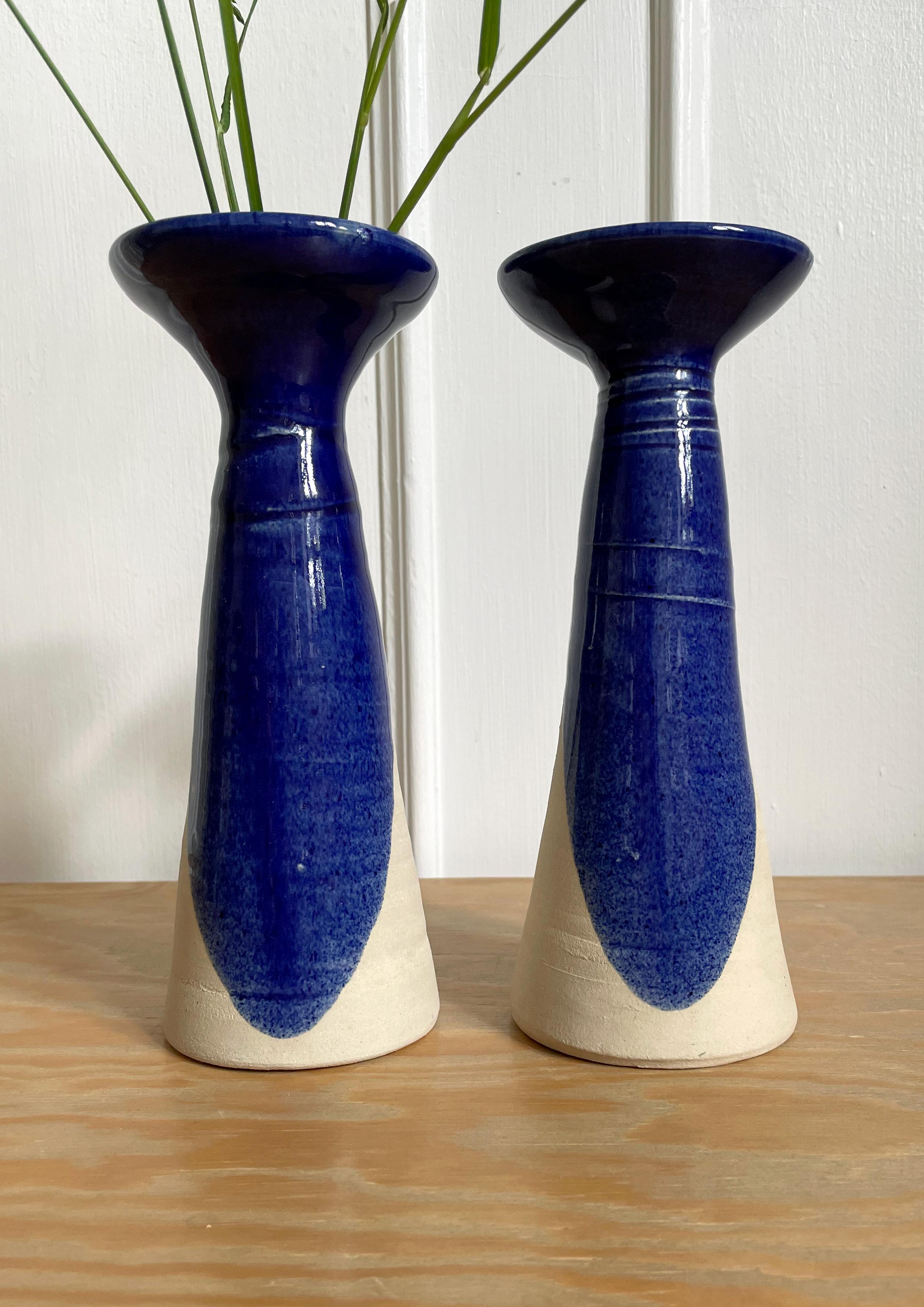 Scandinavian Modern Set of Blue Glazed Ceramic Vases, Candle Sticks, 1980s For Sale