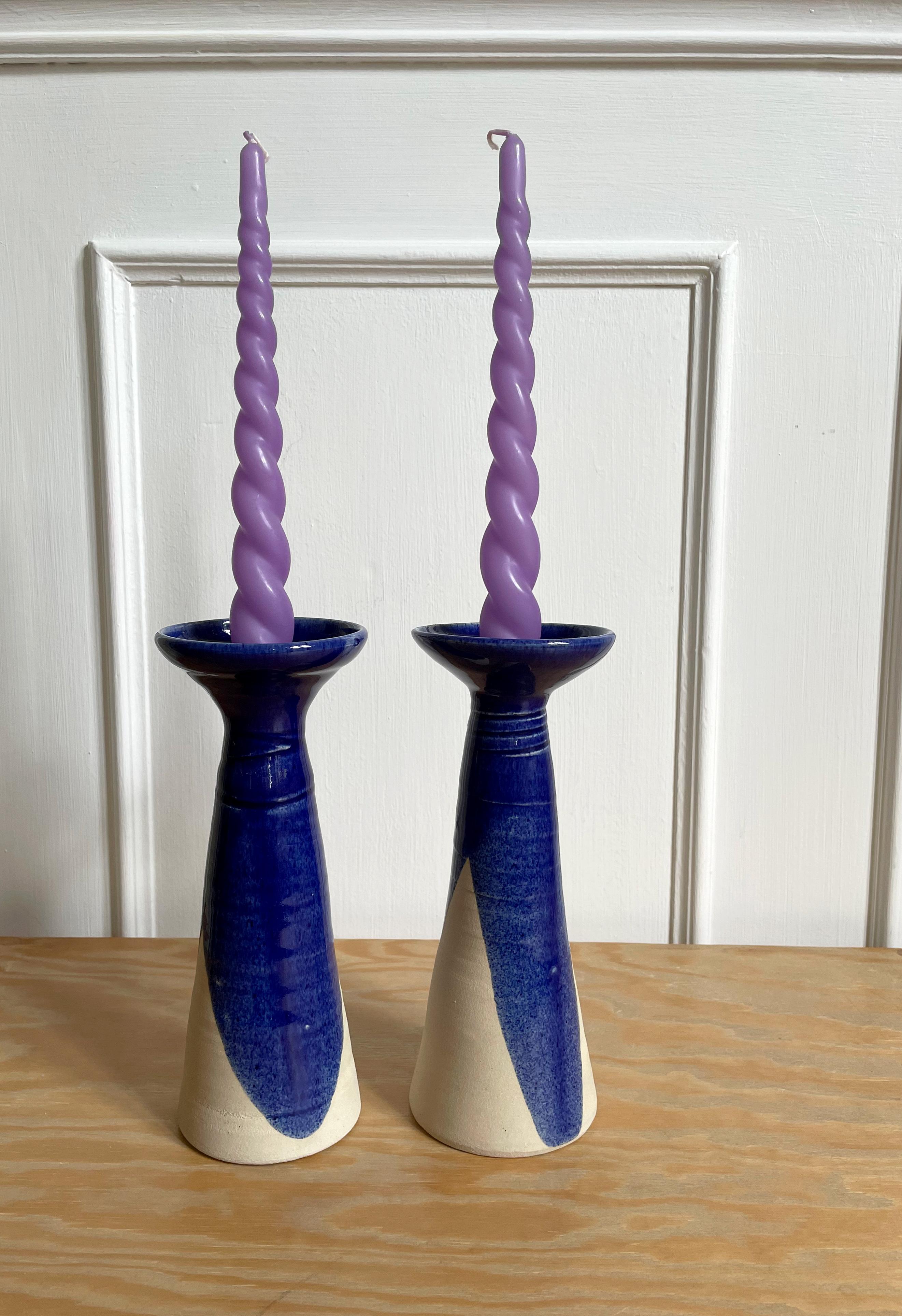 Danish Set of Blue Glazed Ceramic Vases, Candle Sticks, 1980s For Sale