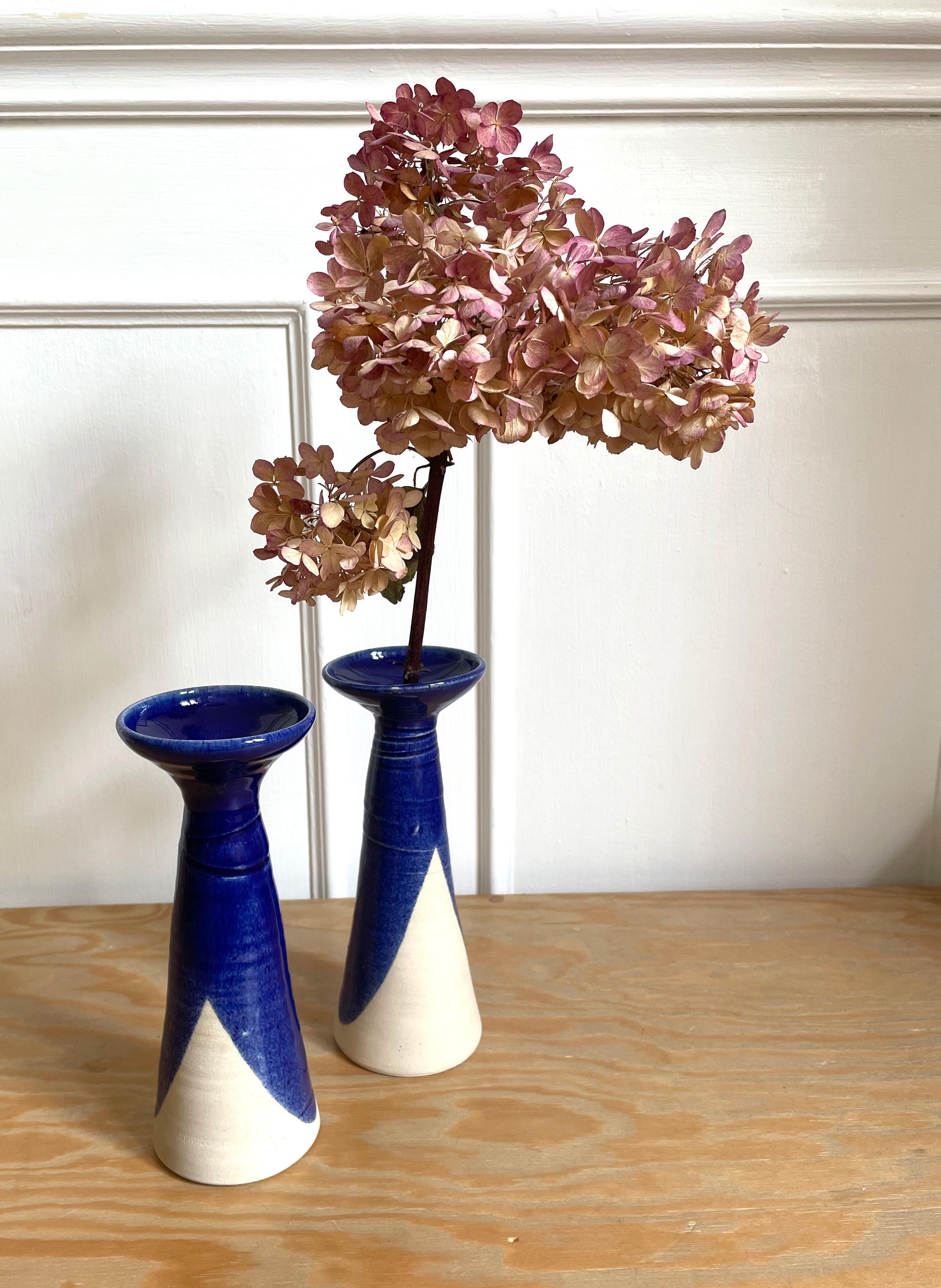 Hand-Painted Set of Blue Glazed Ceramic Vases, Candle Sticks, 1980s For Sale