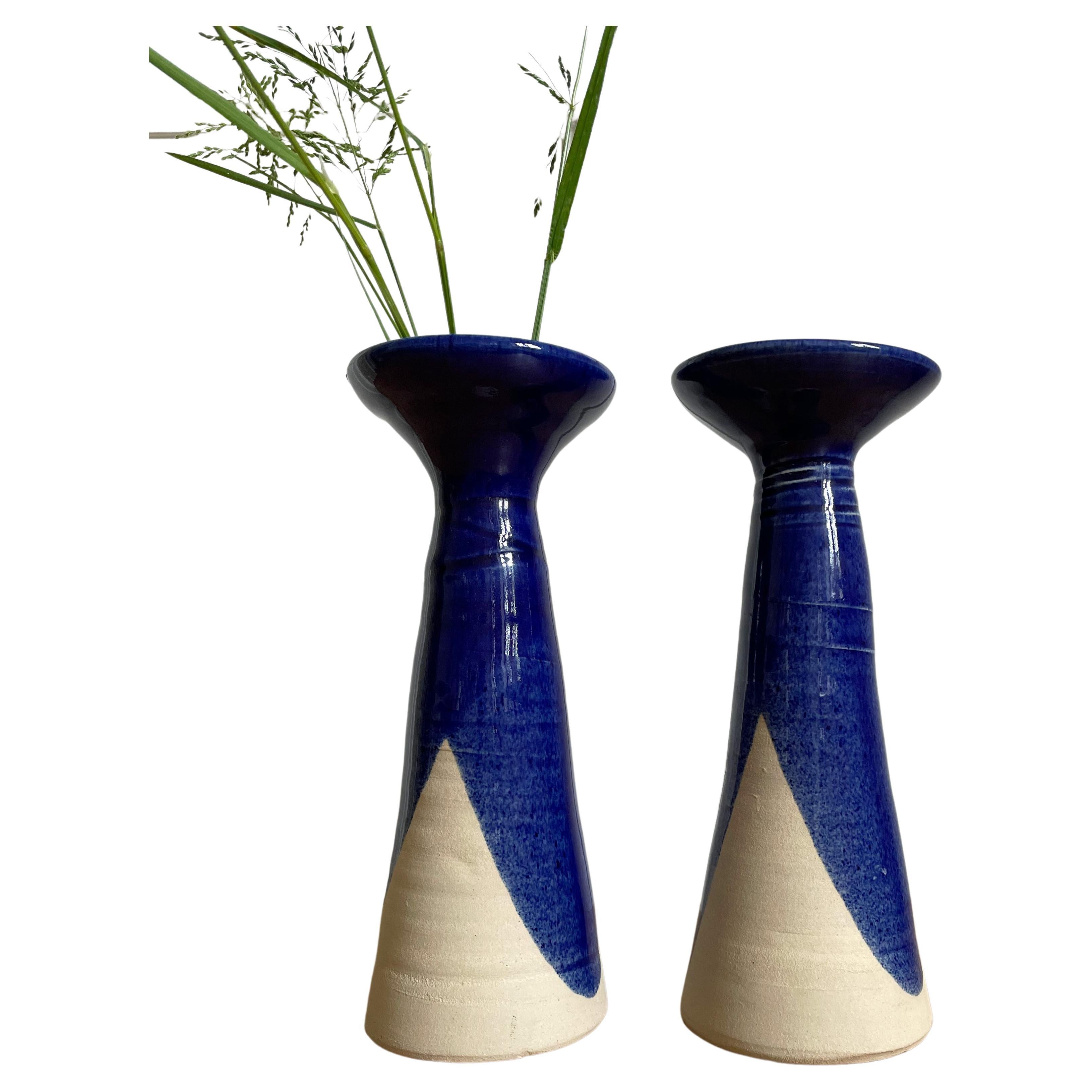 Set of Blue Glazed Ceramic Vases, Candle Sticks, 1980s For Sale