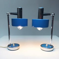 Set of Blue Lacquered and Chrome Plated Italian Table Lamps, Italy, 1960s