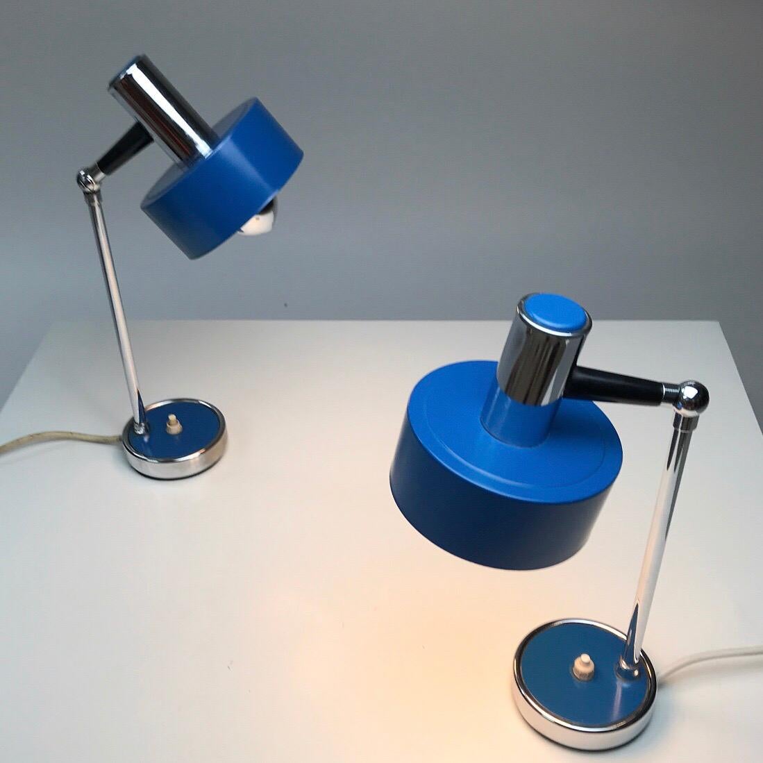 Mid-Century Modern Set of Blue Lacquered and Chrome Plated Italian Table Lamps, Italy, 1960s