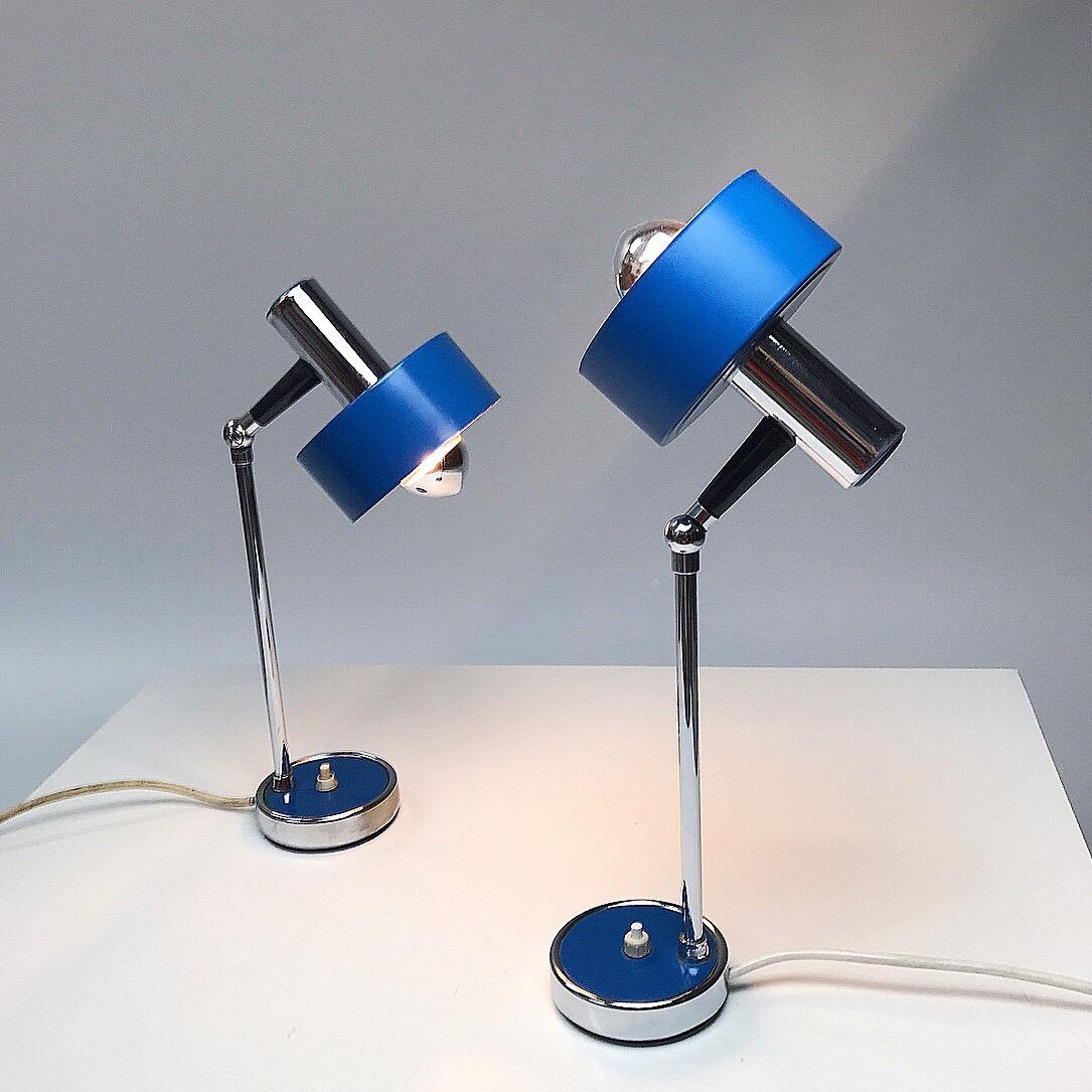 Set of Blue Lacquered and Chrome Plated Italian Table Lamps, Italy, 1960s 3