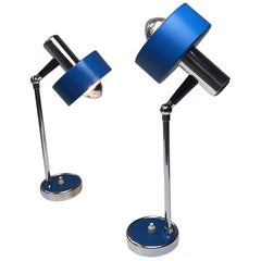 Set of Blue Lacquered and Chrome Plated Italian Table Lamps, Italy, 1960s