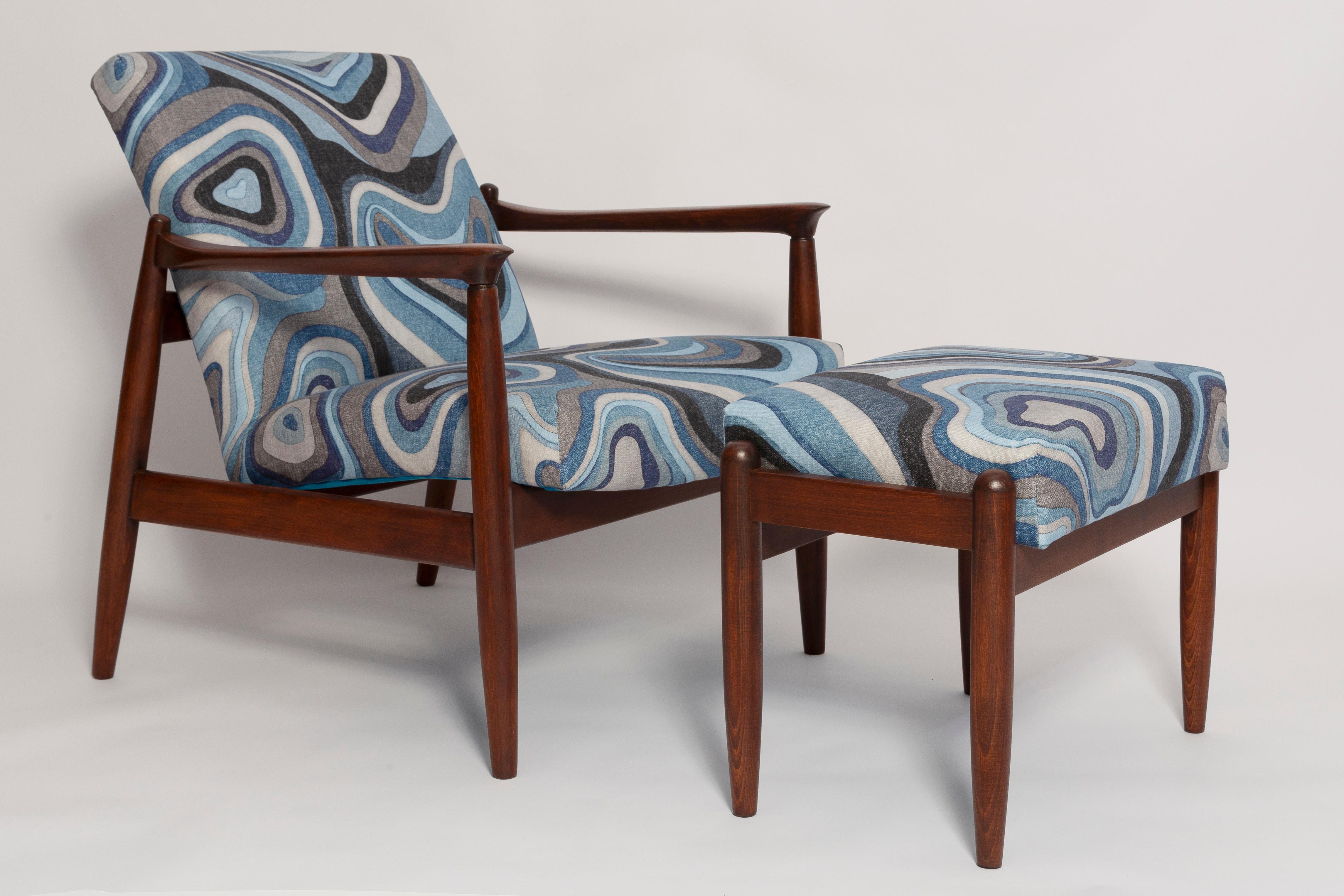 Mid-Century Modern Set of Blue Linen Mid Century GFM64 Armchair and Stool, E Homa, Europe, 1960s For Sale