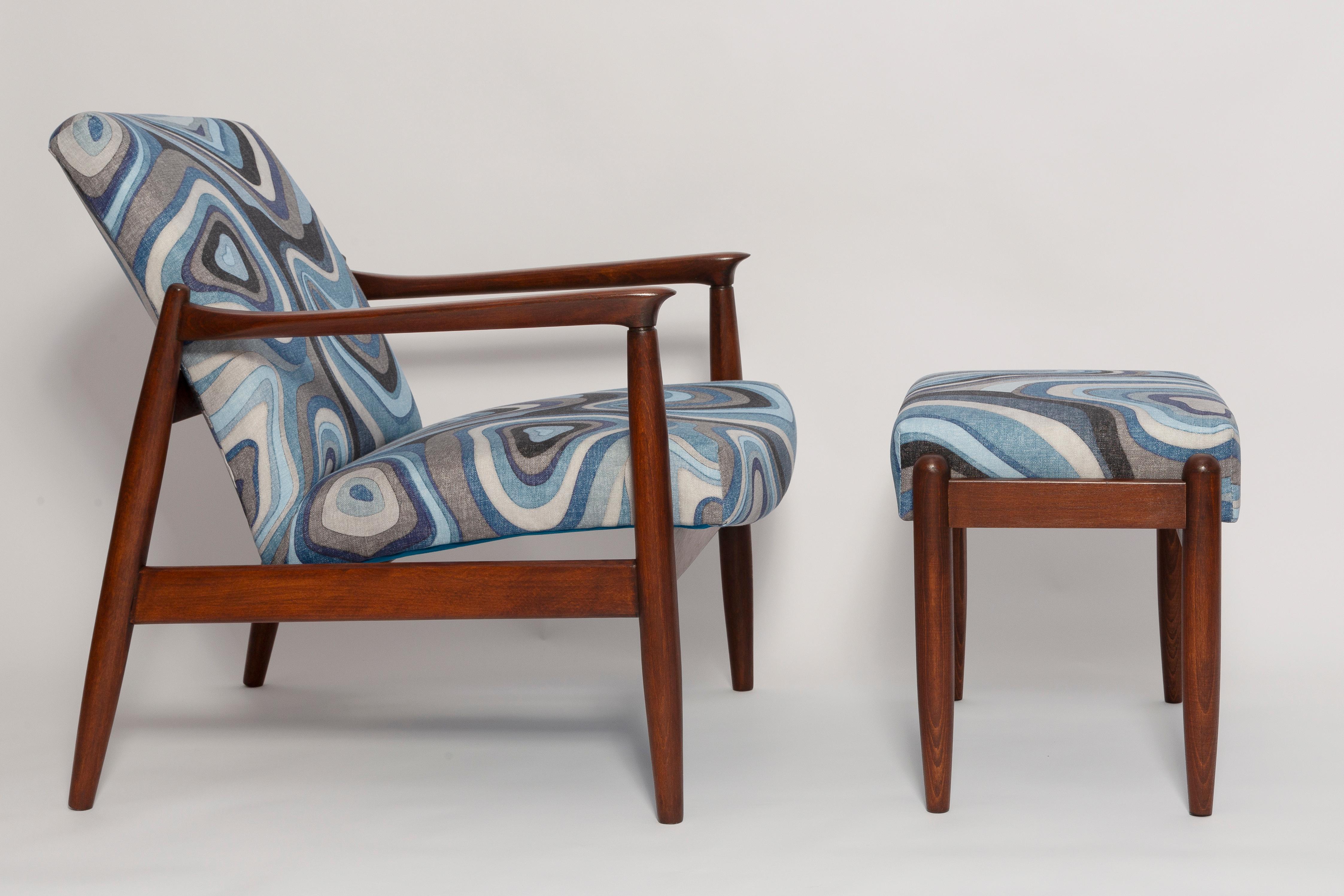 Polish Set of Blue Linen Mid Century GFM64 Armchair and Stool, E Homa, Europe, 1960s For Sale