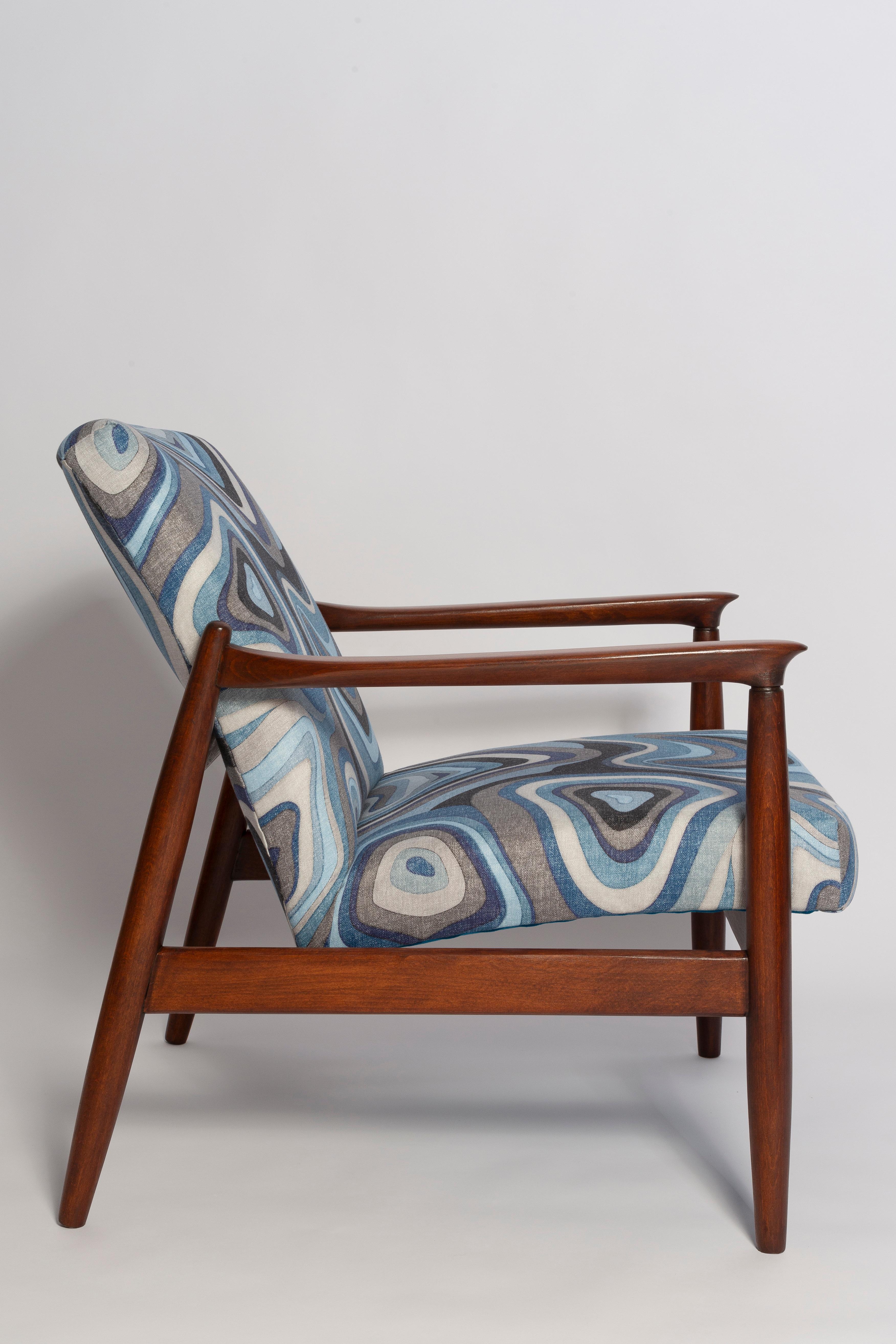 20th Century Set of Blue Linen Mid Century GFM64 Armchair and Stool, E Homa, Europe, 1960s For Sale