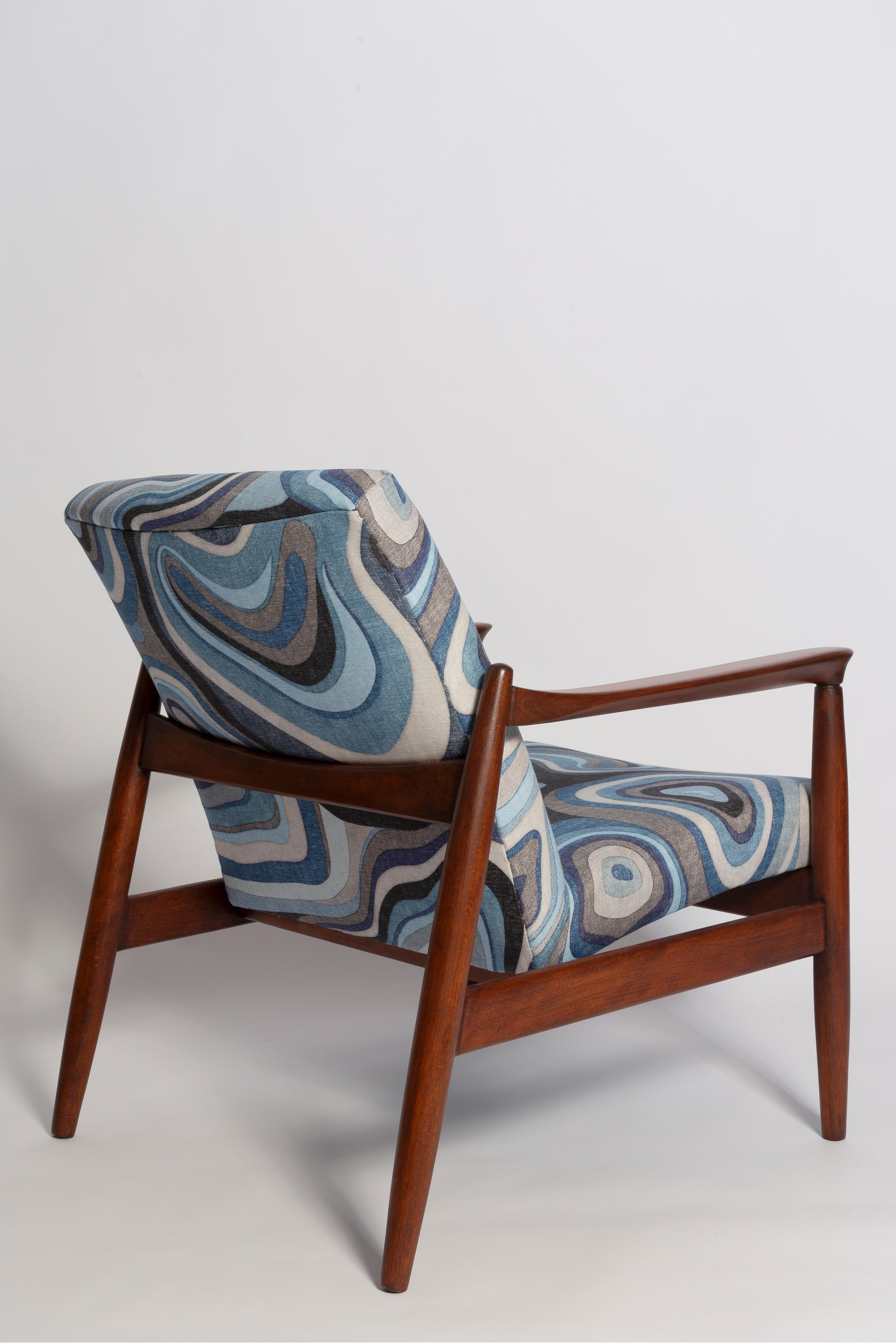 Textile Set of Blue Linen Mid Century GFM64 Armchair and Stool, E Homa, Europe, 1960s For Sale