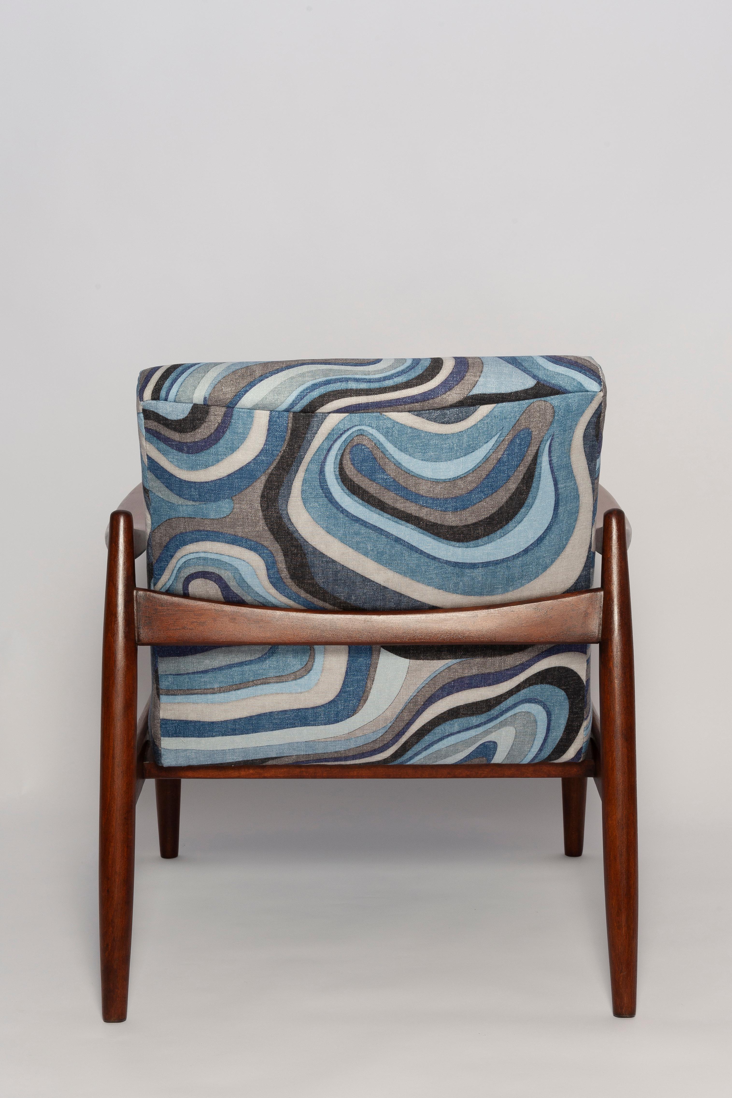 Tessile Set di poltrona e sgabello GFM64 di metà secolo in lino blu, E Homa, Europa, anni '60 in vendita