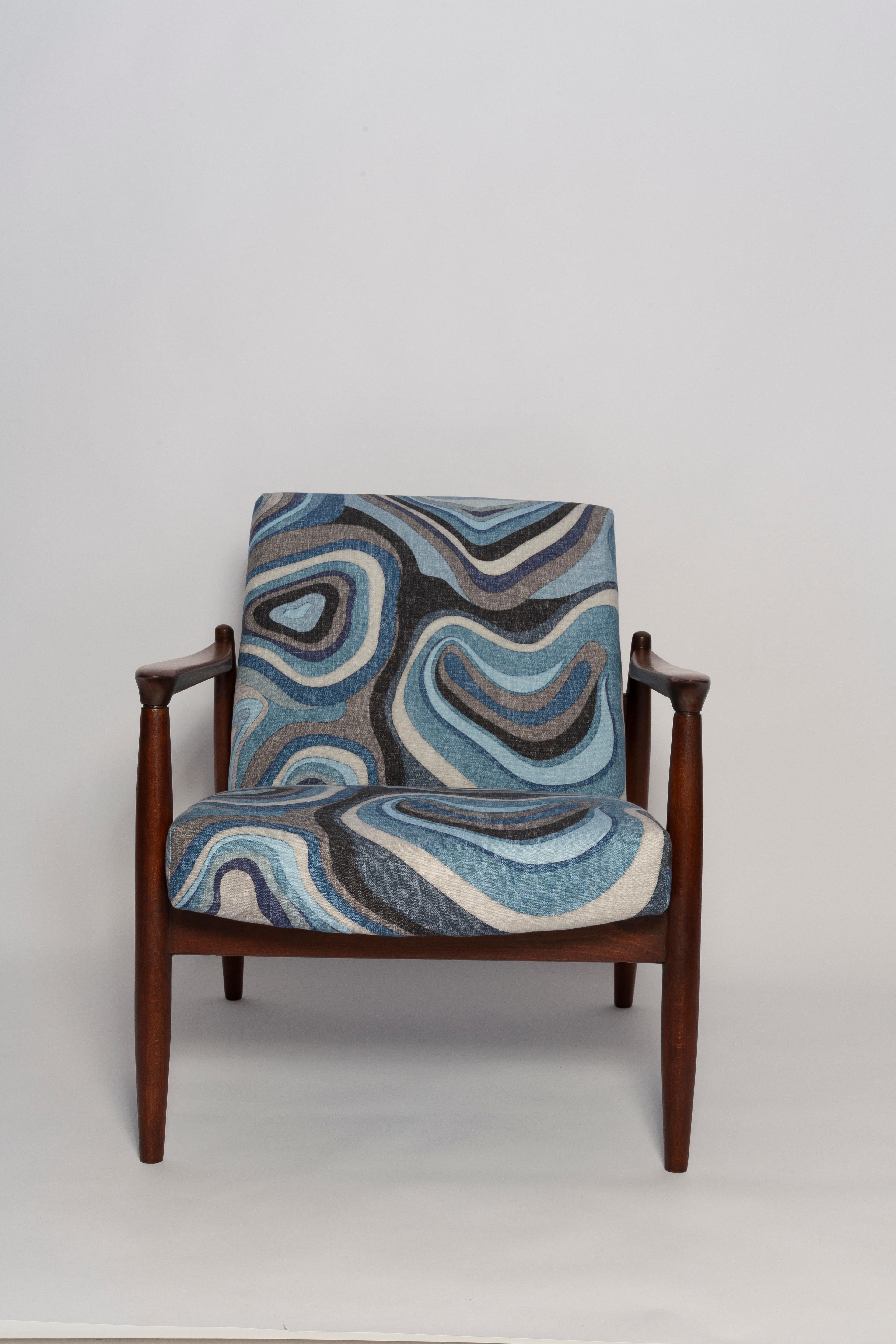 Set di poltrona e sgabello GFM64 di metà secolo in lino blu, E Homa, Europa, anni '60 in vendita 1