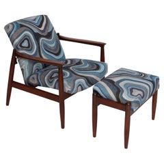 Set of Blue Linen Mid Century GFM64 Armchair and Stool, E Homa, Europe, 1960s