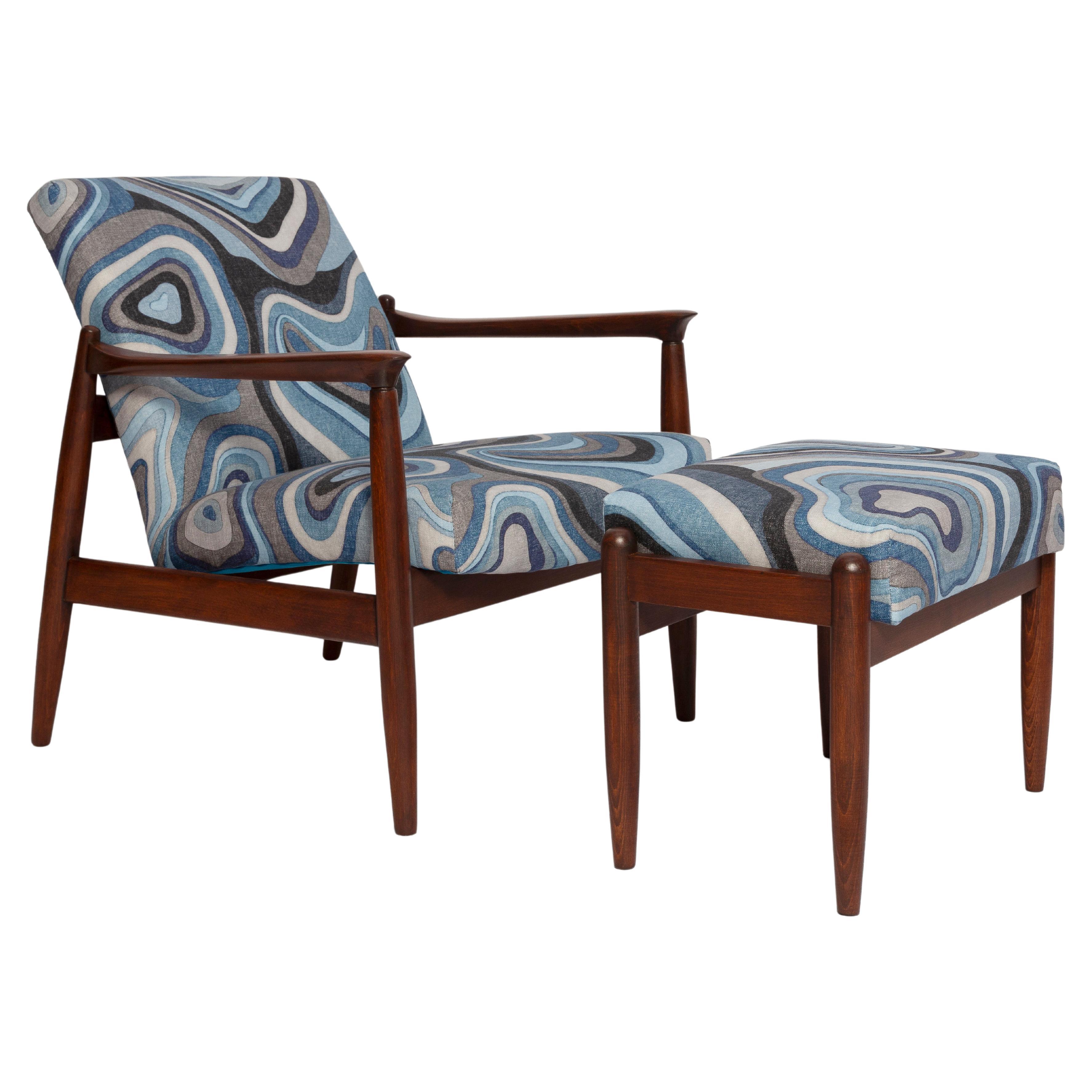 Set of Blue Linen Mid Century GFM64 Armchair and Stool, E Homa, Europe, 1960s