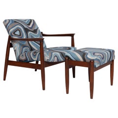 Set of Blue Linen Mid Century GFM64 Armchair and Stool, E Homa, Europe, 1960s