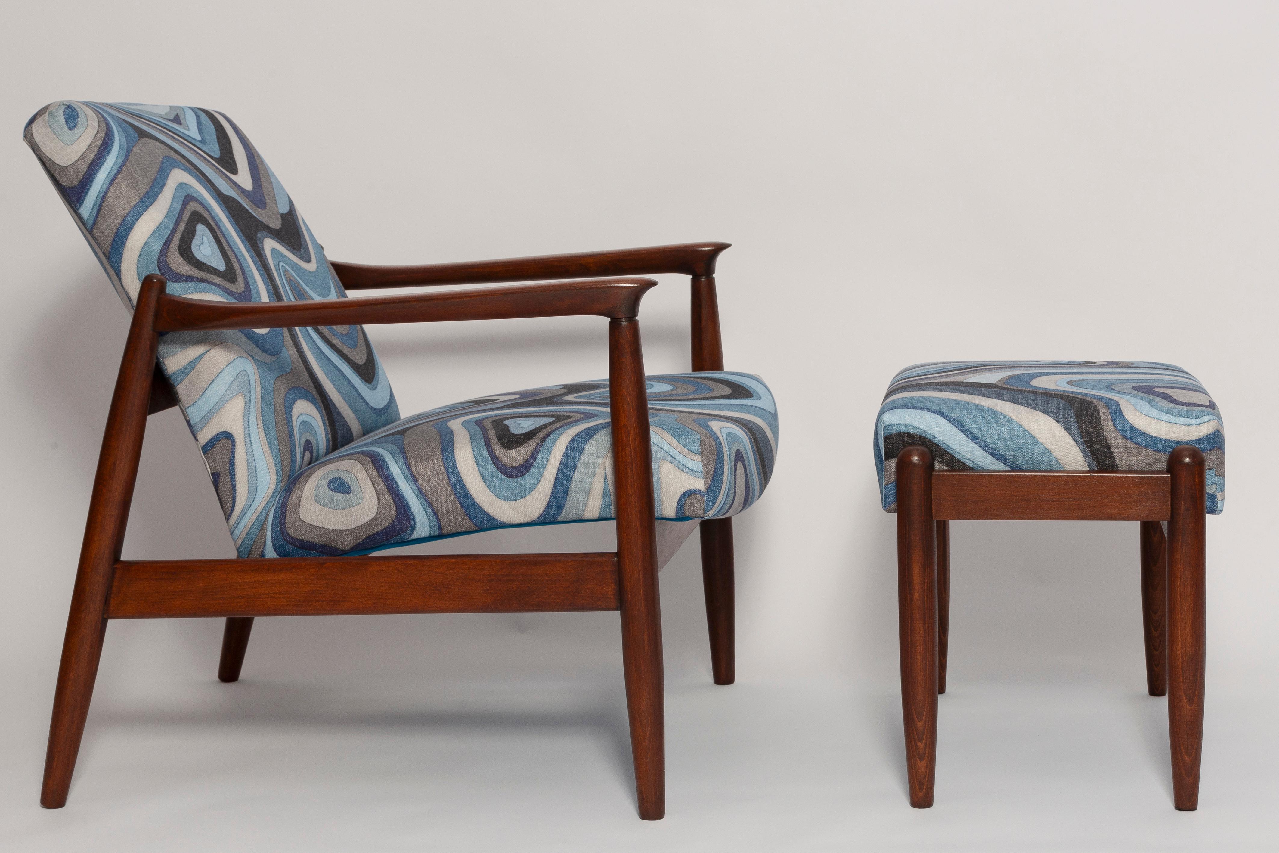 Polish Set of Blue Linen Mid Century GFM64 Armchairs and Stools , E Homa, Europe, 1960s For Sale