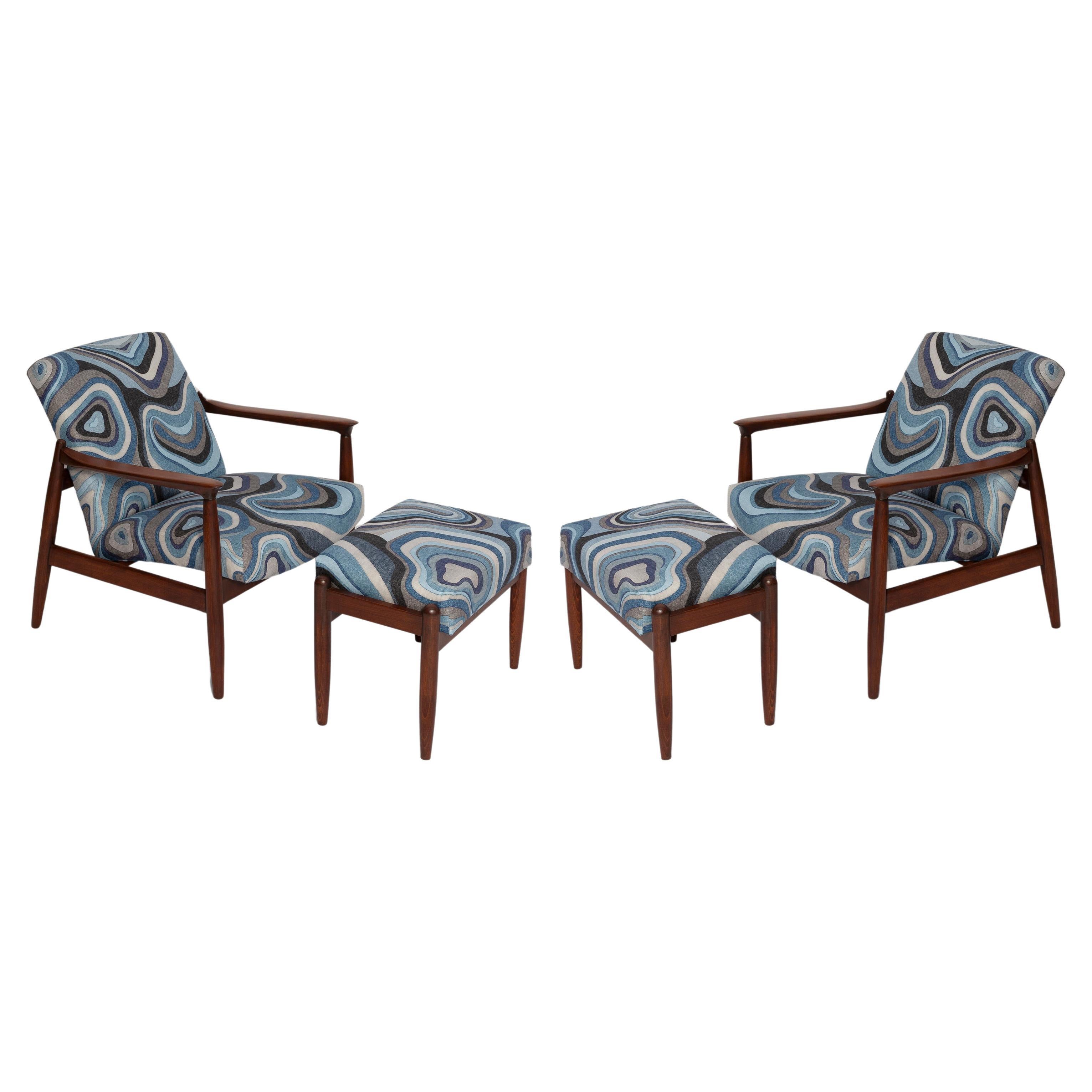 Set of Blue Linen Mid Century GFM64 Armchairs and Stools , E Homa, Europe, 1960s For Sale